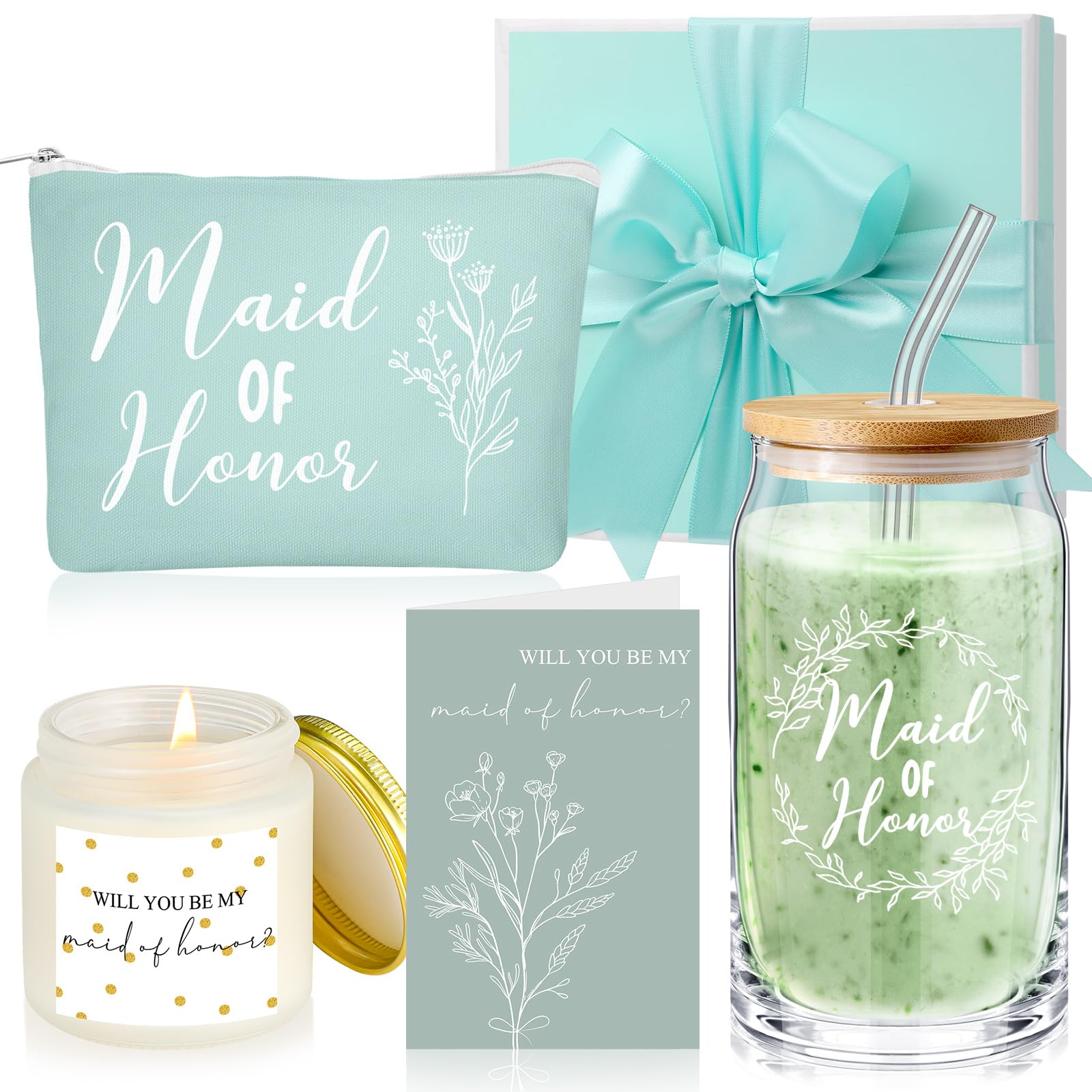 Inbagi Maid of Honor Gifts Box Set of 5 Includes Glass Cup with Lid and Straw Makeup Bag Sage Scented Candle Wedding Invitation 