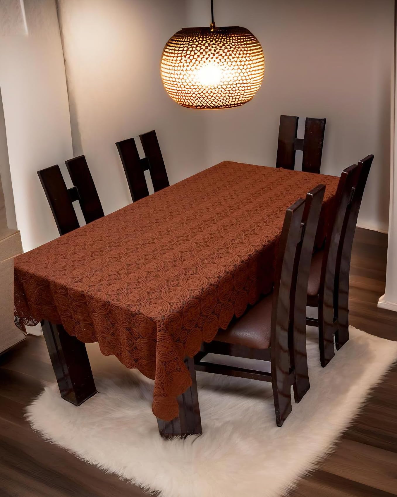 Weavers Villa Floral Cotton Net Rectangular 6 Seater Dining Table Cover (Brown, 60x90 Inches, Pack of 1)