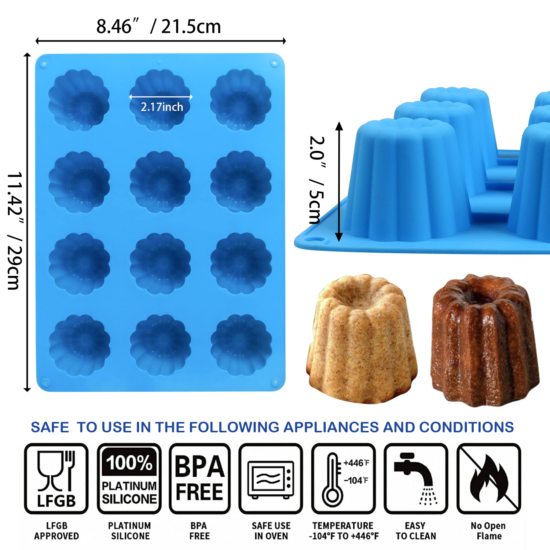 Sidosir 2Pcs Canele Mold Silicone, 12-Cavity Nonstick Canele Silicone Baking Cake Pan For Bread Muffin