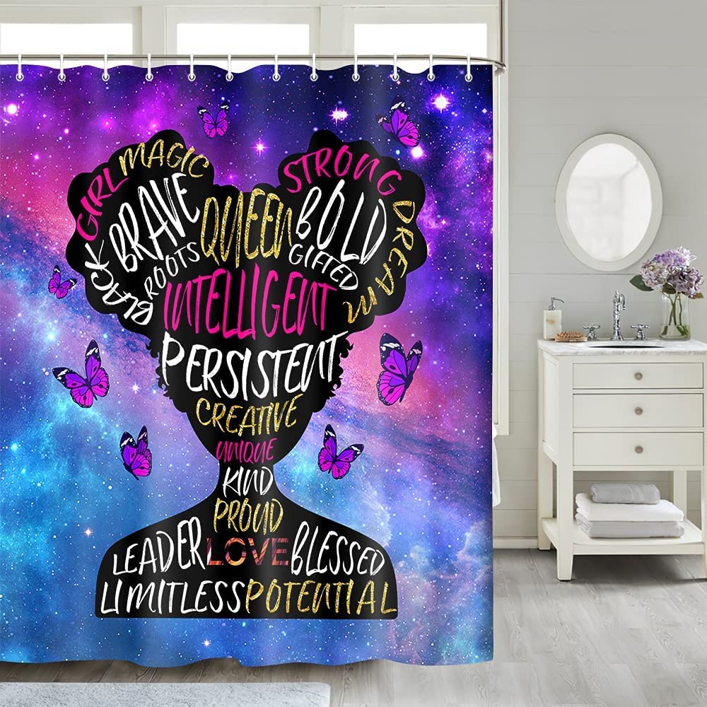 African American Black Girl Shower Curtain, Magic Teen Girl Woman Inspirational Shower Curtain For Bathroom, Afro Hair Black Gir