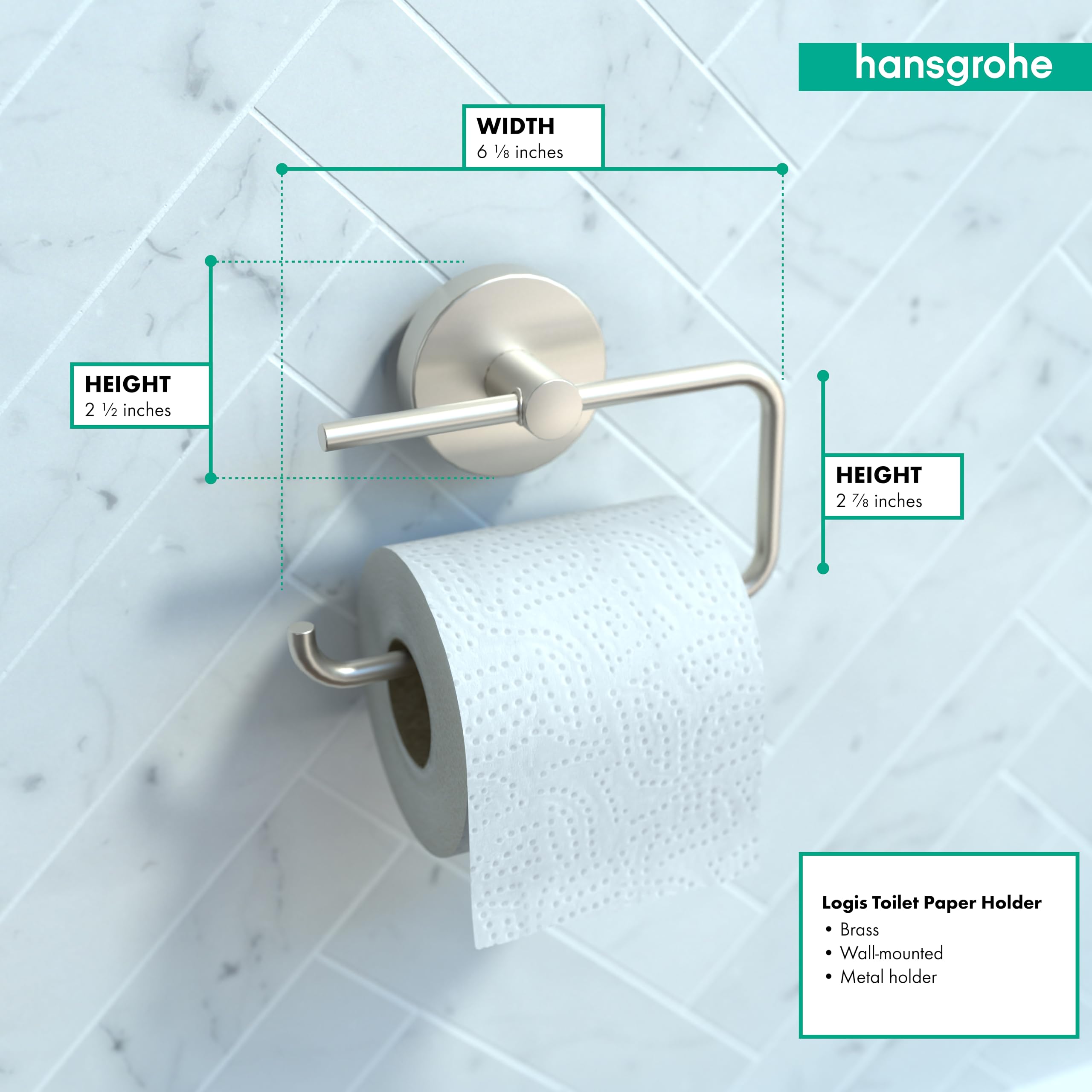 Hansgrohe Toilet Paper Holder Easy Install 6-Inch Modern Coordinating Accessories In Brushed Nickel, 40526820