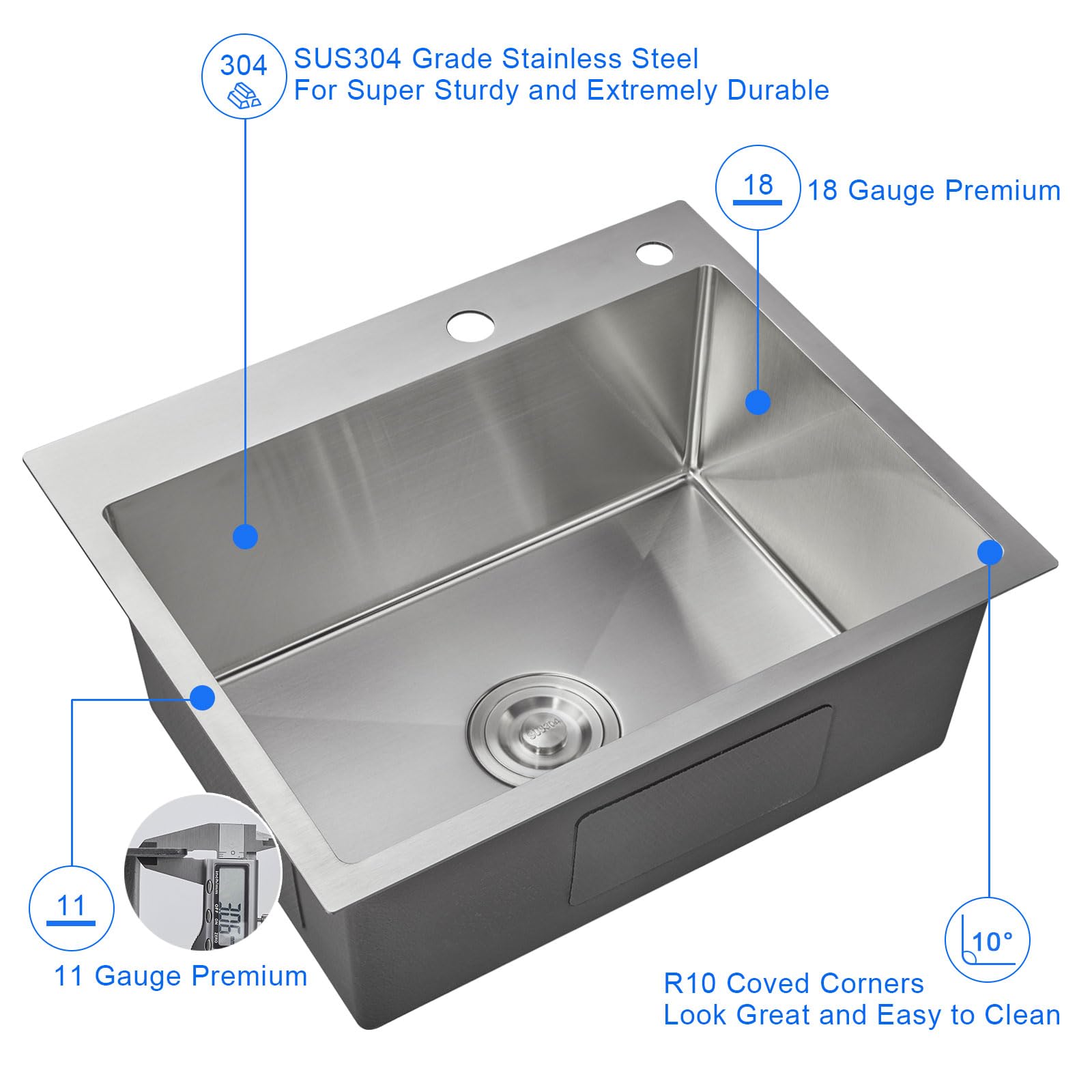 Menatt 22-Inch Drop In Kitchen Sink Brushed, Sus304 Stainless Steel Topmount Kitchen Bar Prep Sink, Single Bowl Workstation Kitc