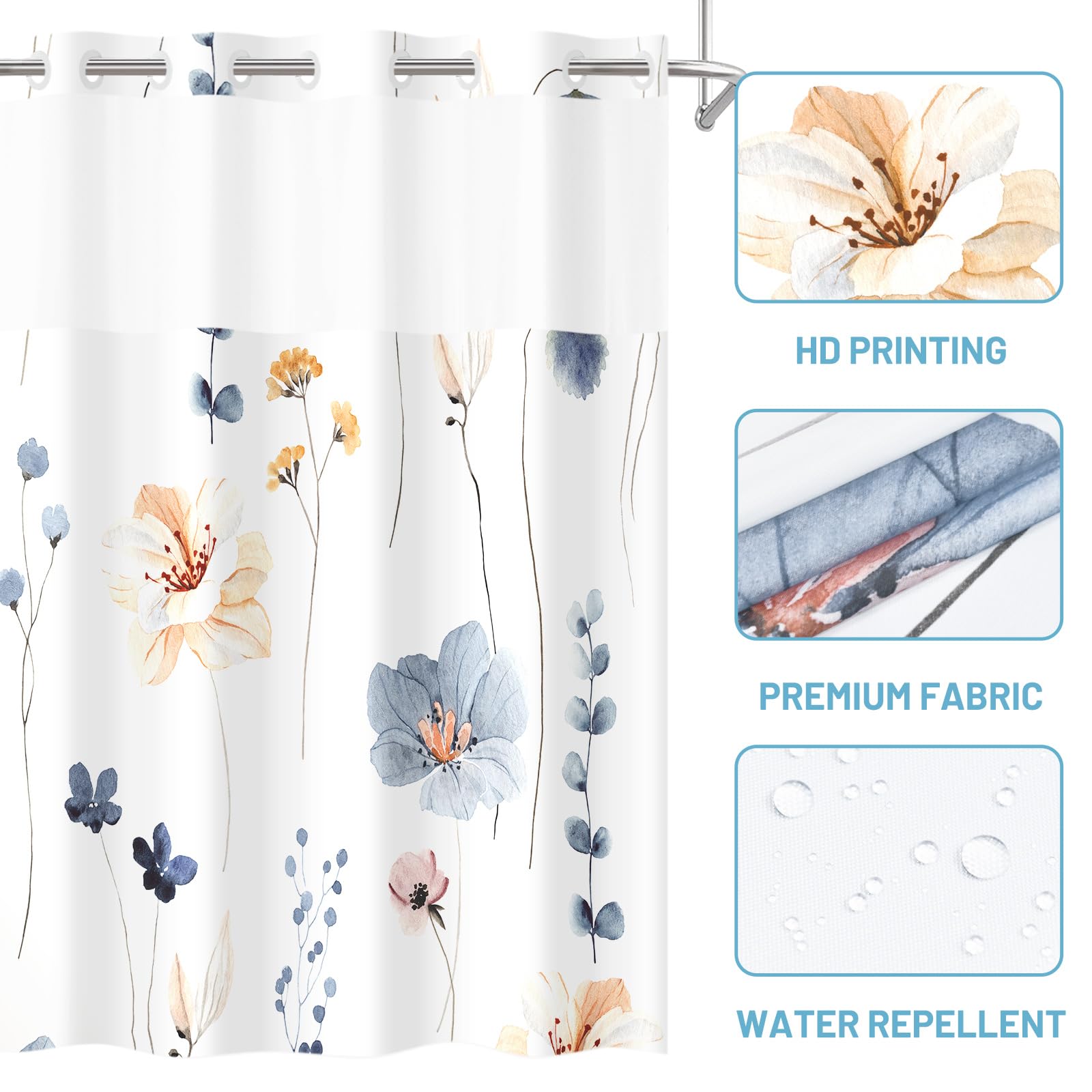 Withloc No Hook Shower Curtain With Snap In Liner - Watercolor Floral Shower Curtain - Fabric Waterproof Inner Liner, Plants Blu