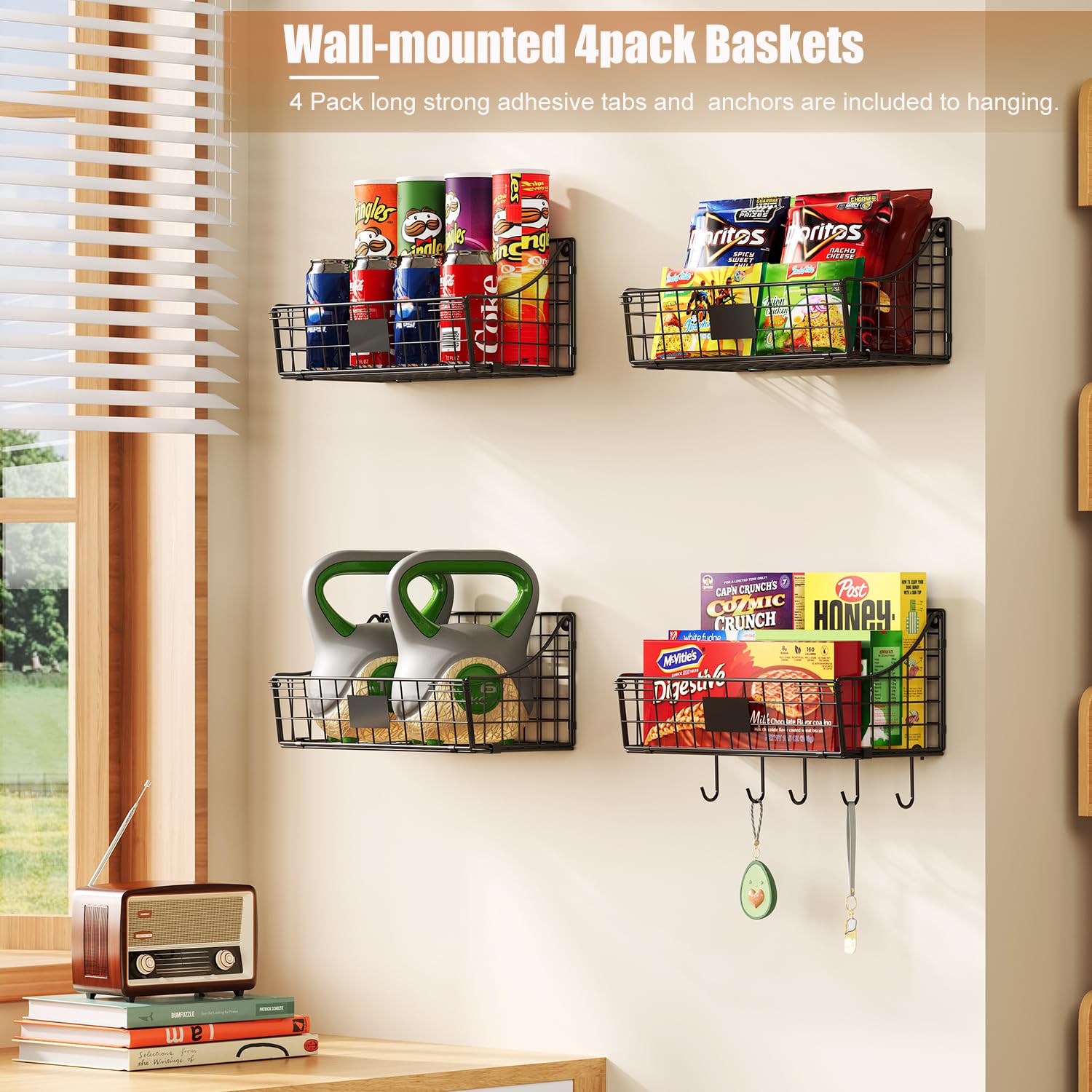 4 Pack Hanging Wall Basket For Organizing, Large Wire Basket For Storage Pantry With 5 S Hook+4 Adhesive Hook, Wall Mounted Shel