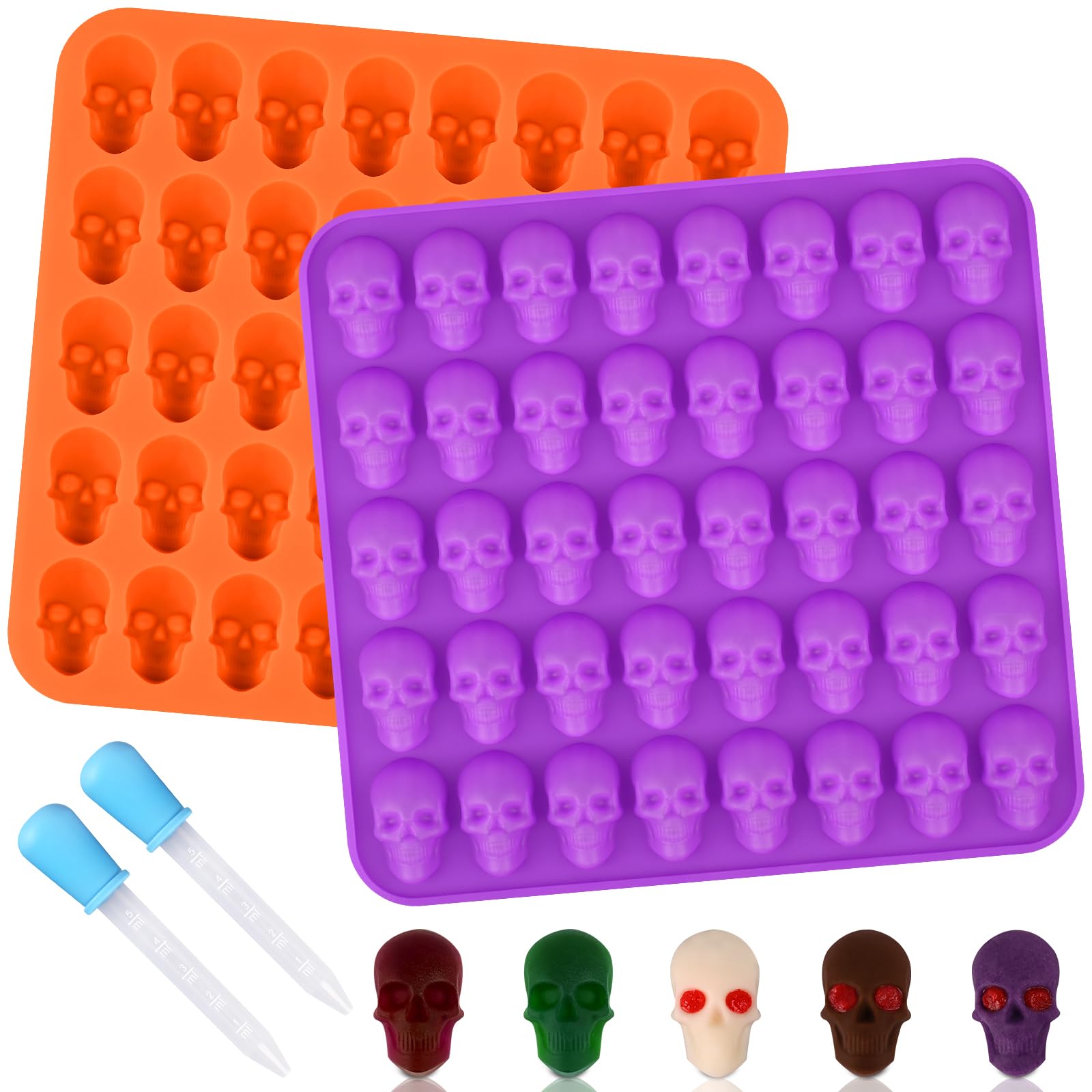 Sakolla 2 Pack Gummy Skull Candy Silicone Molds 40 Cavity Silicone Skull Molds With 2 Droppers For Halloween Chocolate, Candy,Je