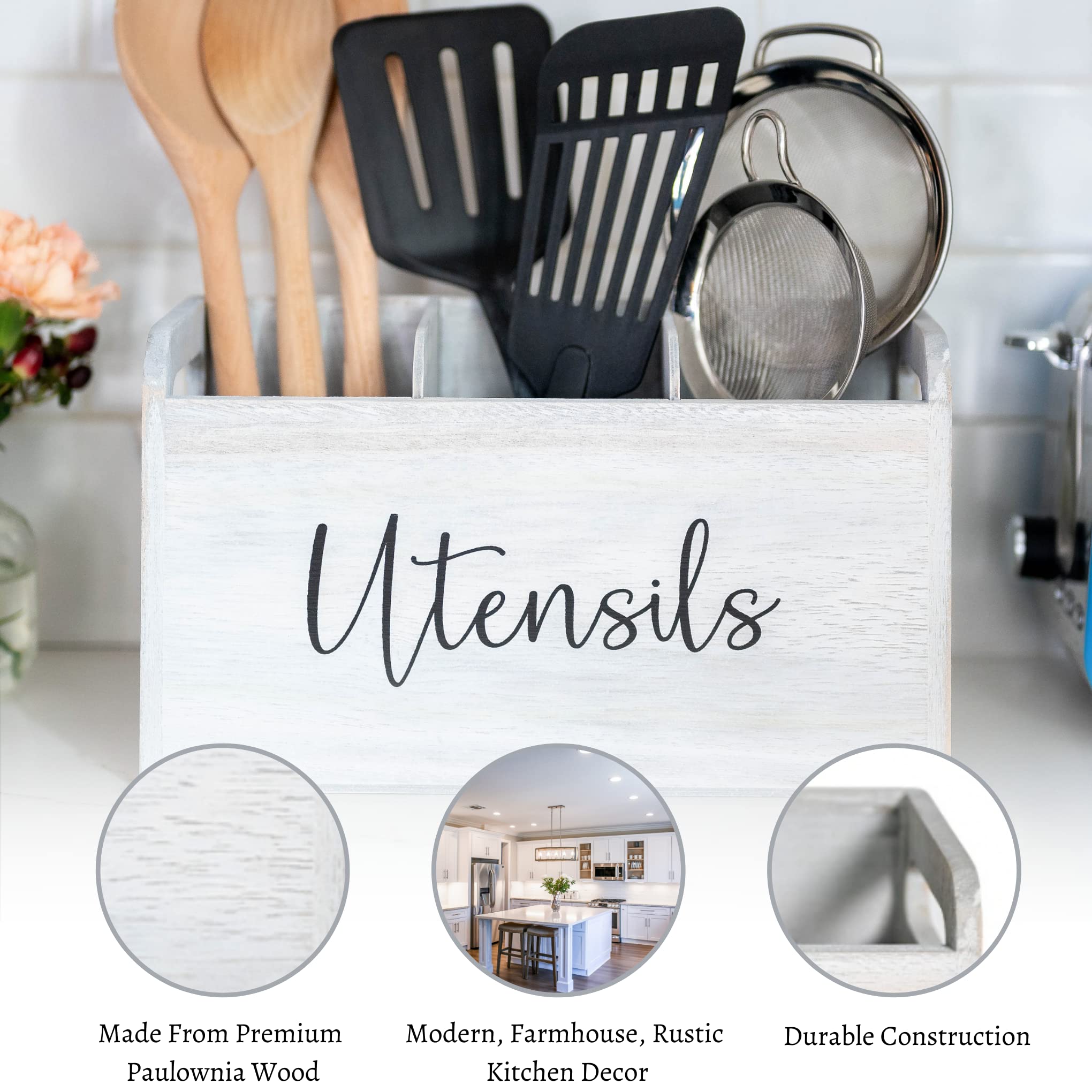 Elevated Haven White Kitchen Utensil Holder |3 Compartments 12In X 5In X 7In | Wooden Utensil Holder | Utensil Holder For Counte