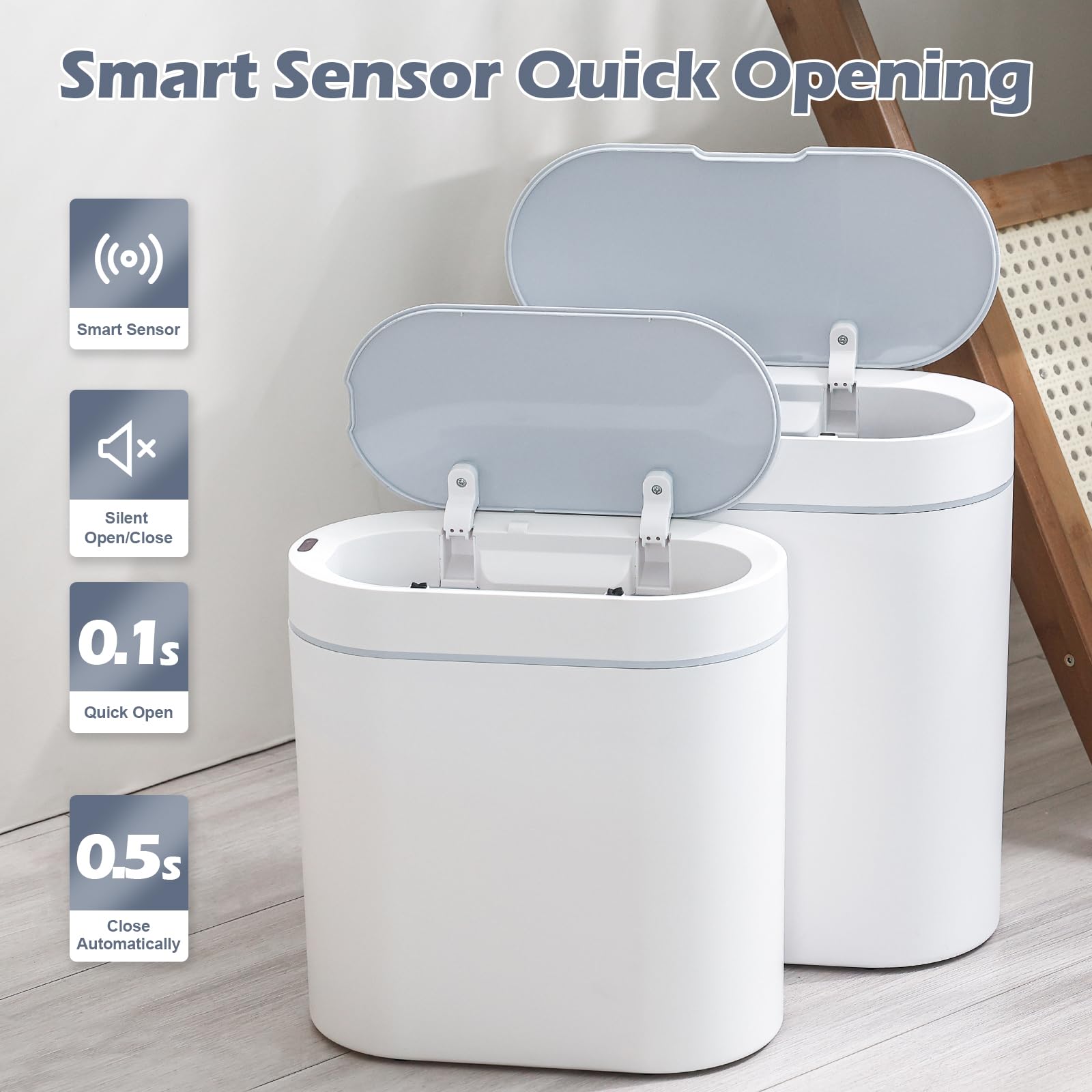 Elpheco 2 Pack Bathroom Motion Sensor Trash Can 2.5 Gallon + 2 Gallon Automatic Garbage Can, Slim Plastic Smart Trash Bin With L