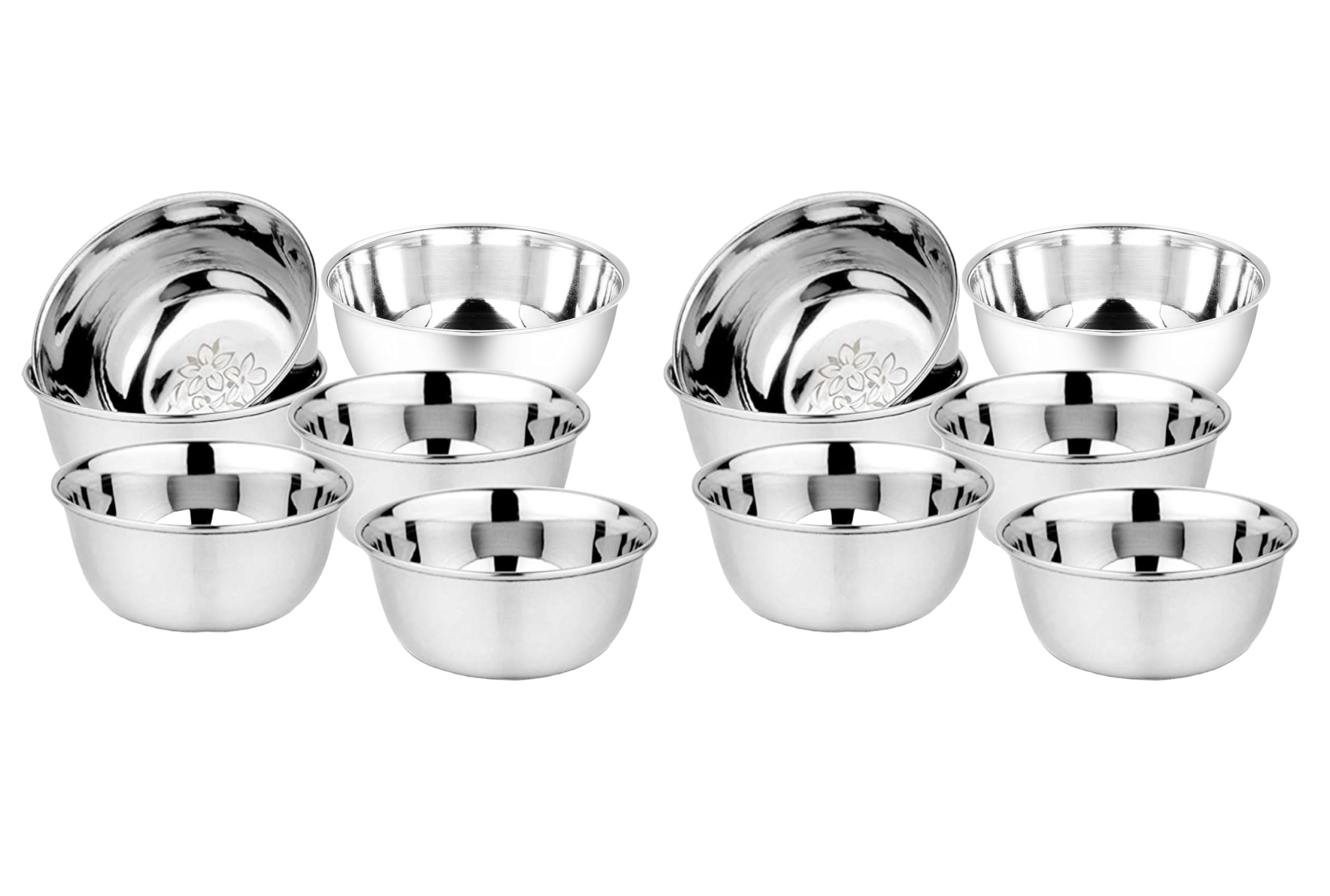 Kc Stainless Steel Heavy Gauge Bowl/Wati Set With Mirror Finish And Flower Printed Design [10.5 Cm, Set Of 12 Piece], 200 Ml
