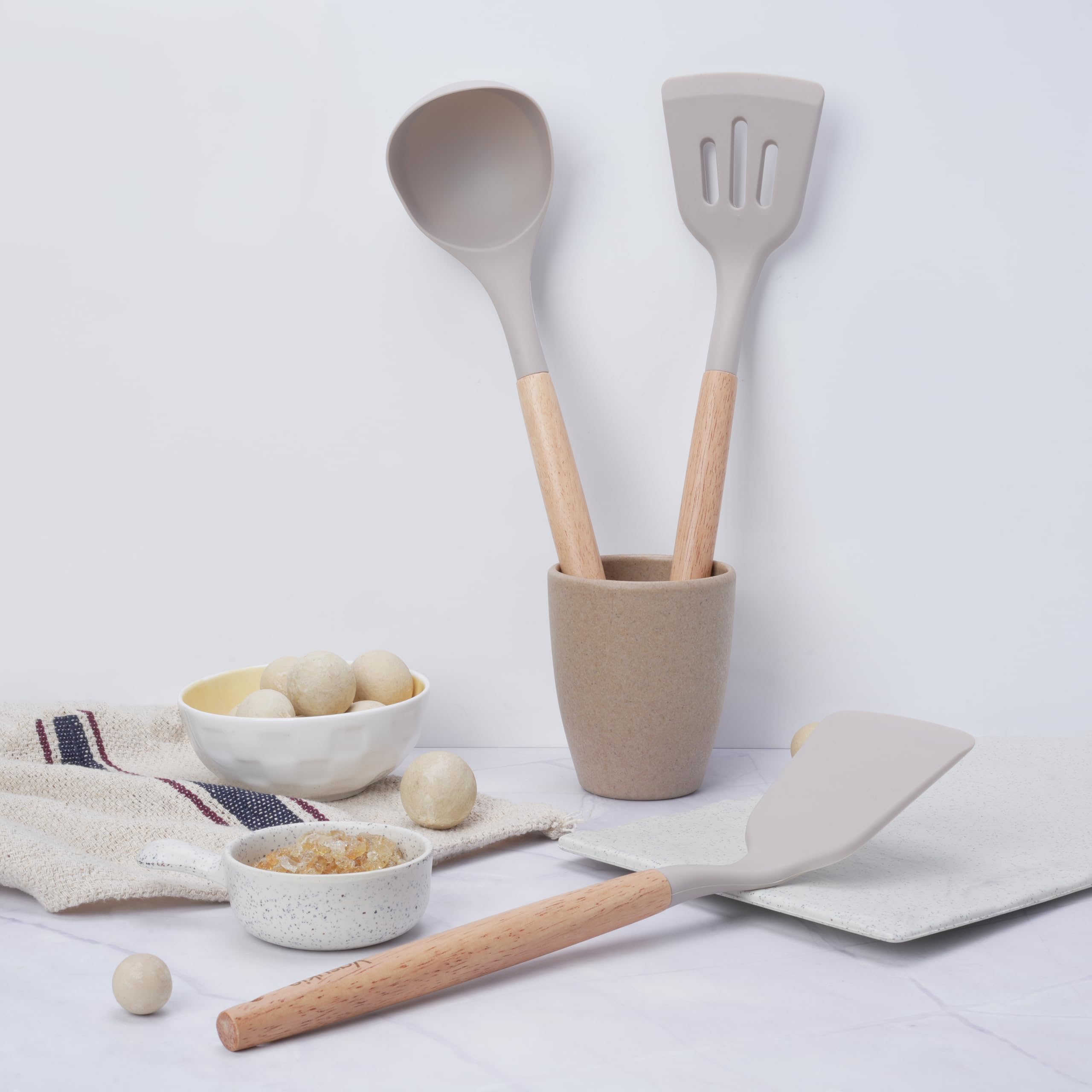 Vasukie Silicone Spatula Set with Wooden Handle for Kitchen | Spatula Silicone Set for Non Stick Pan | Kitchen Accessories Items