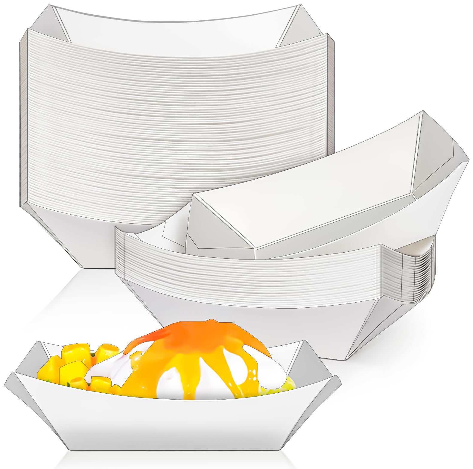 MotBach 60 Pack 1Lb Paper Food Boat Trays Disposable Paper Boat Plate Containers, White Kraft Food Serving Tray Boats Basket Bow