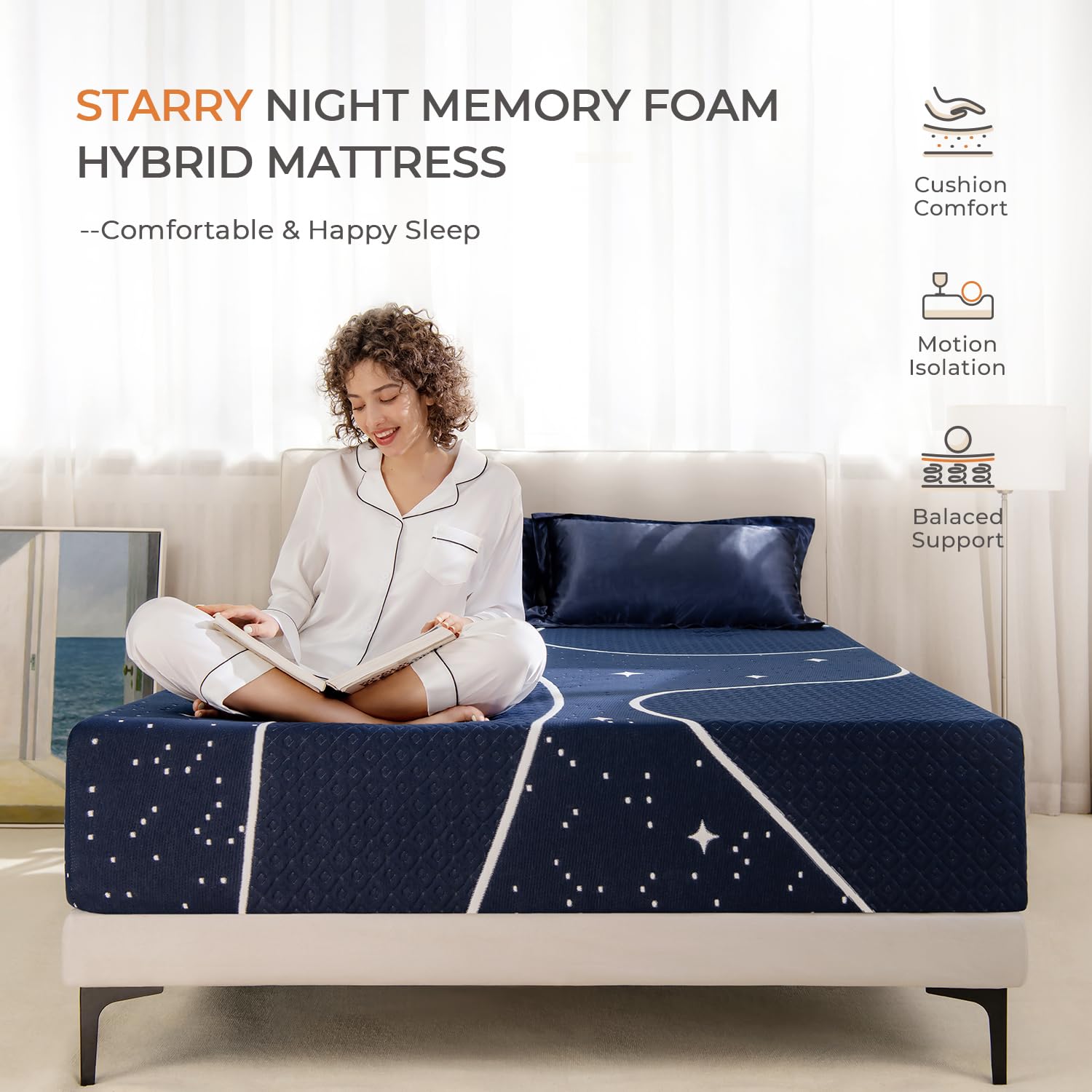 Sweetnight Queen Mattress  14 Inch Hybrid Queen Size Mattress in a Box  Gel Memory Foam and Individual Pocket Spring for Cooling Sleep & Motion Isolation  Starry Night  Blue