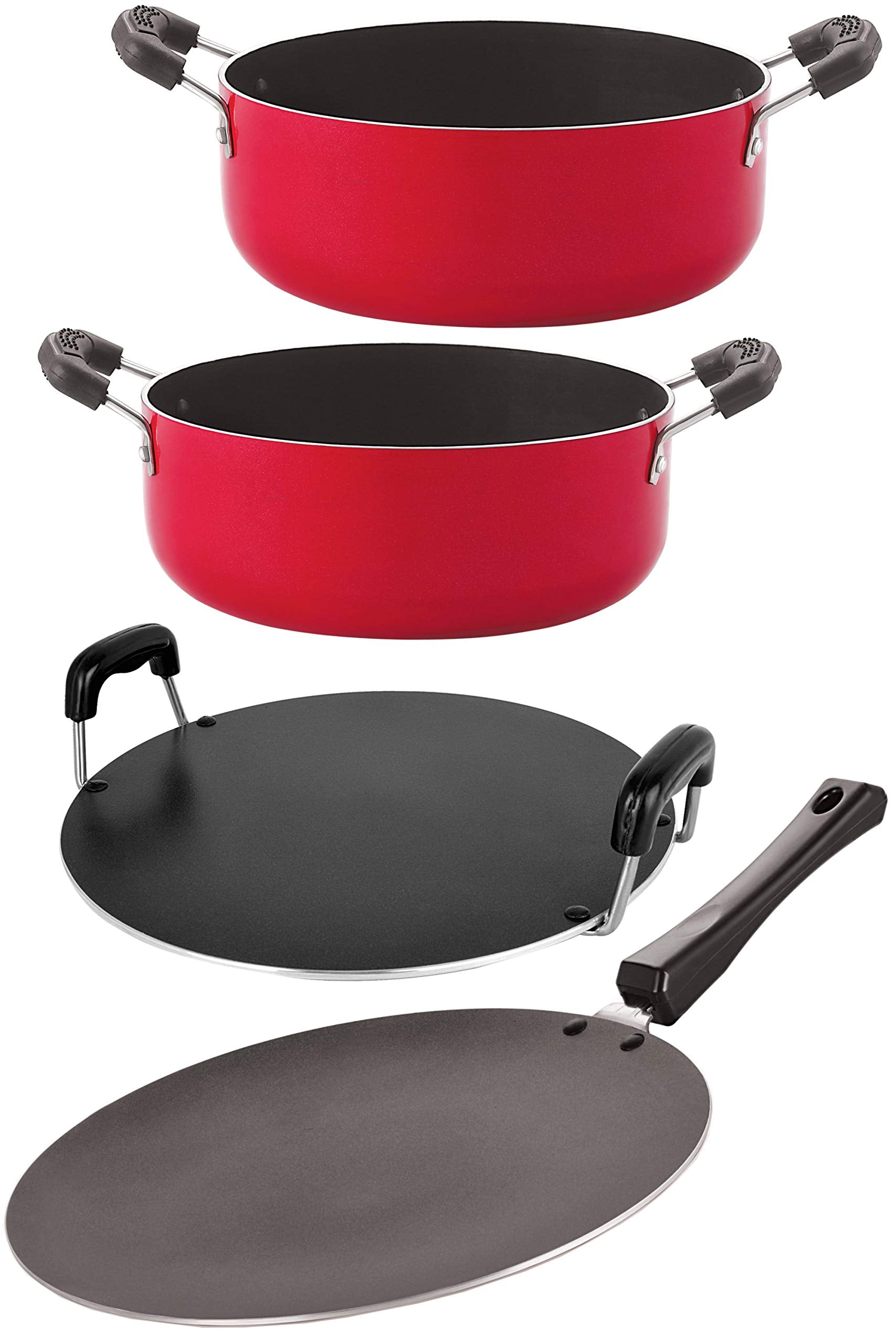 Nirlon Nonstick Aluminium Heat Resistance Cookware 4 Pieces Set With Bakelite Handle, Gas Compatible (1 Concave Tawa 27.5Cm /1 R