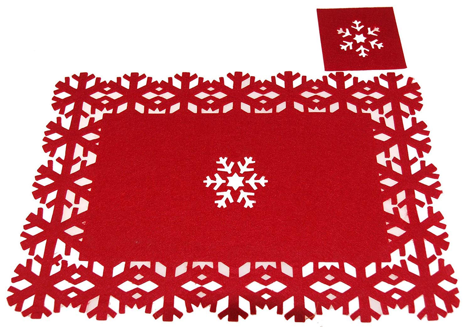 8 Piece Red Felt Christmas Snowflake Place Mat And Coaster Set - 4 Place Mats + 4 Coasters