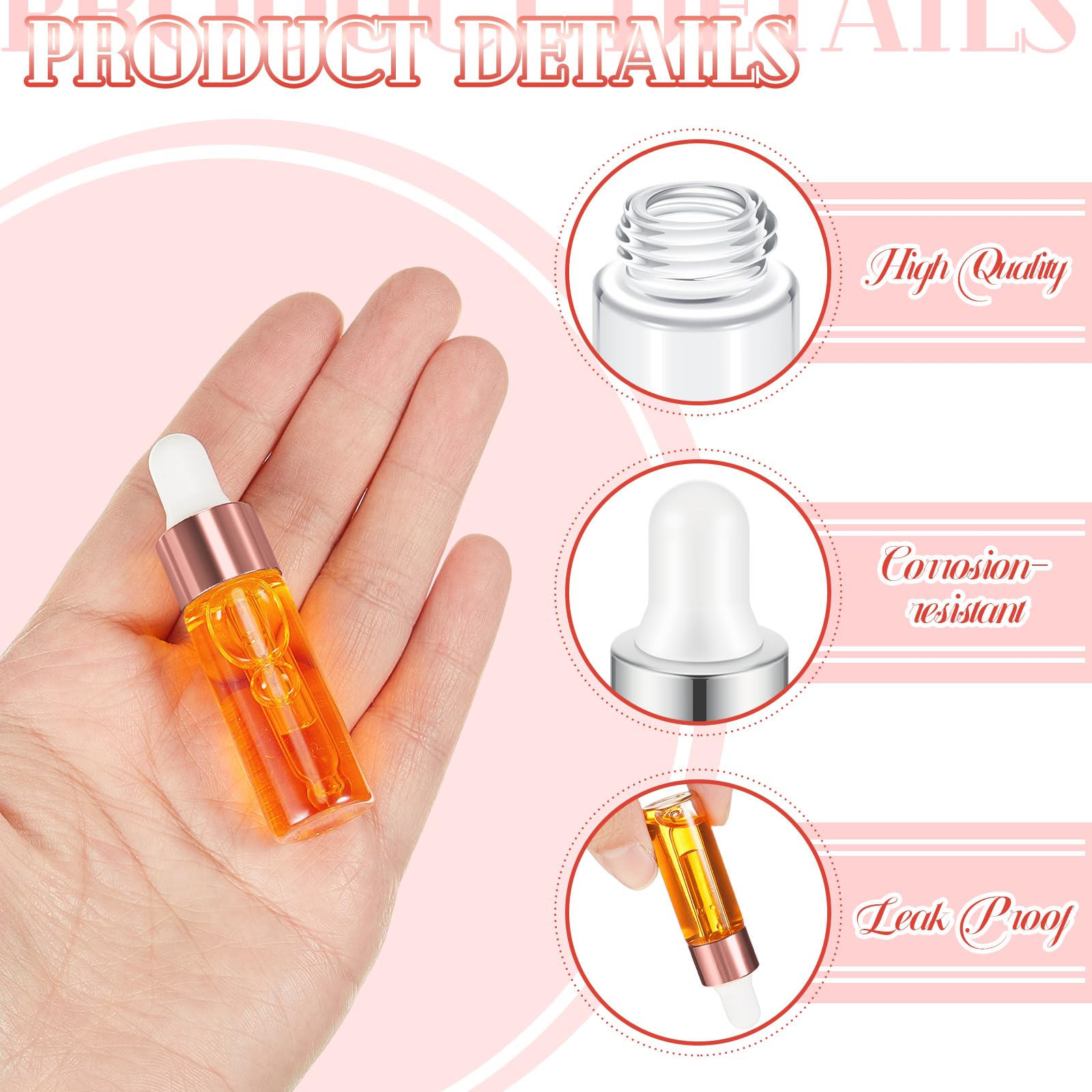 Didaey 100 Pcs Mini Glass Dropper Bottle Bulk, 5 Ml Rose Gold Clear Essential Oil Dropper Bottles Small Tincture Empty Bottles S