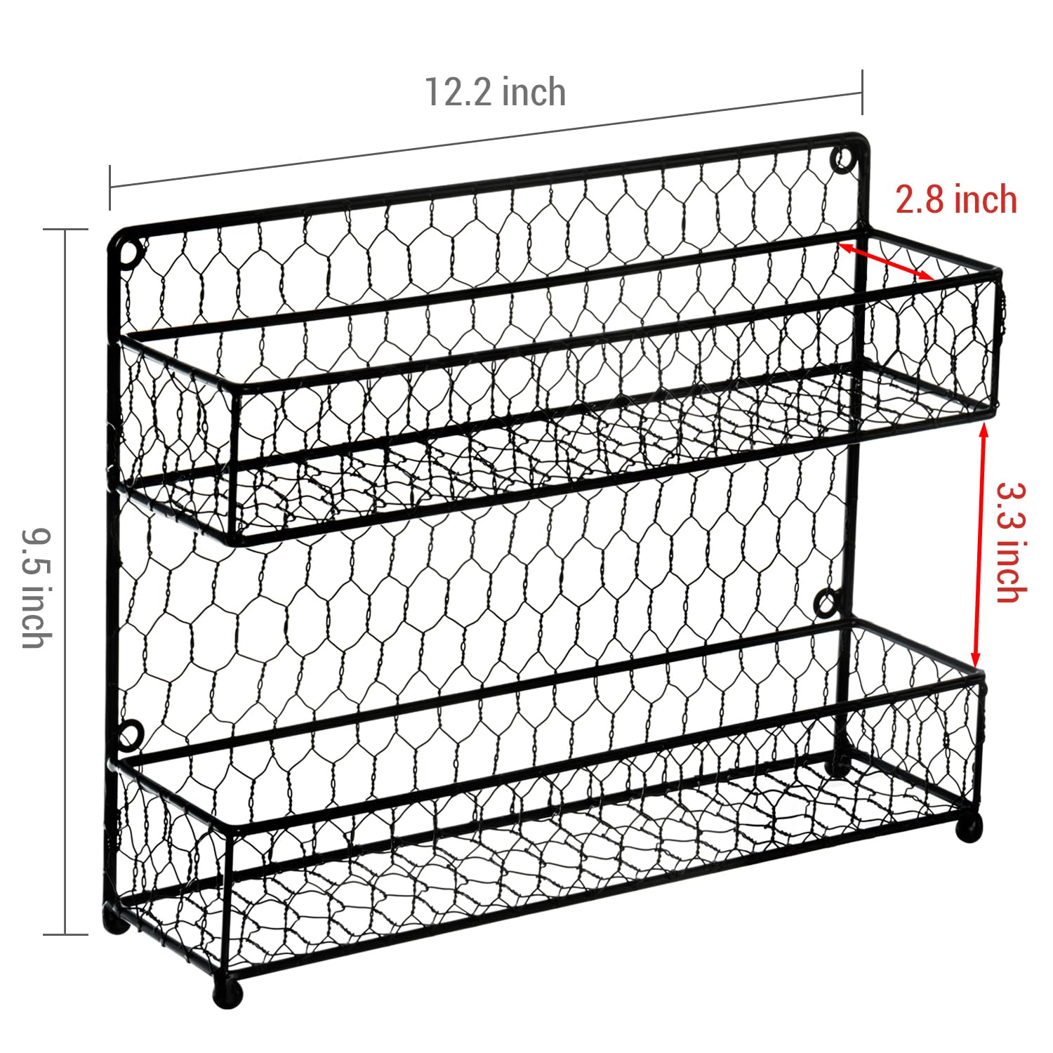 MyGift Farmhouse Style Metal Wire Spice Rack - Wall Mount or Kitchen Countertop 2-Tier Seasoning Jar Storage Organizer, Black