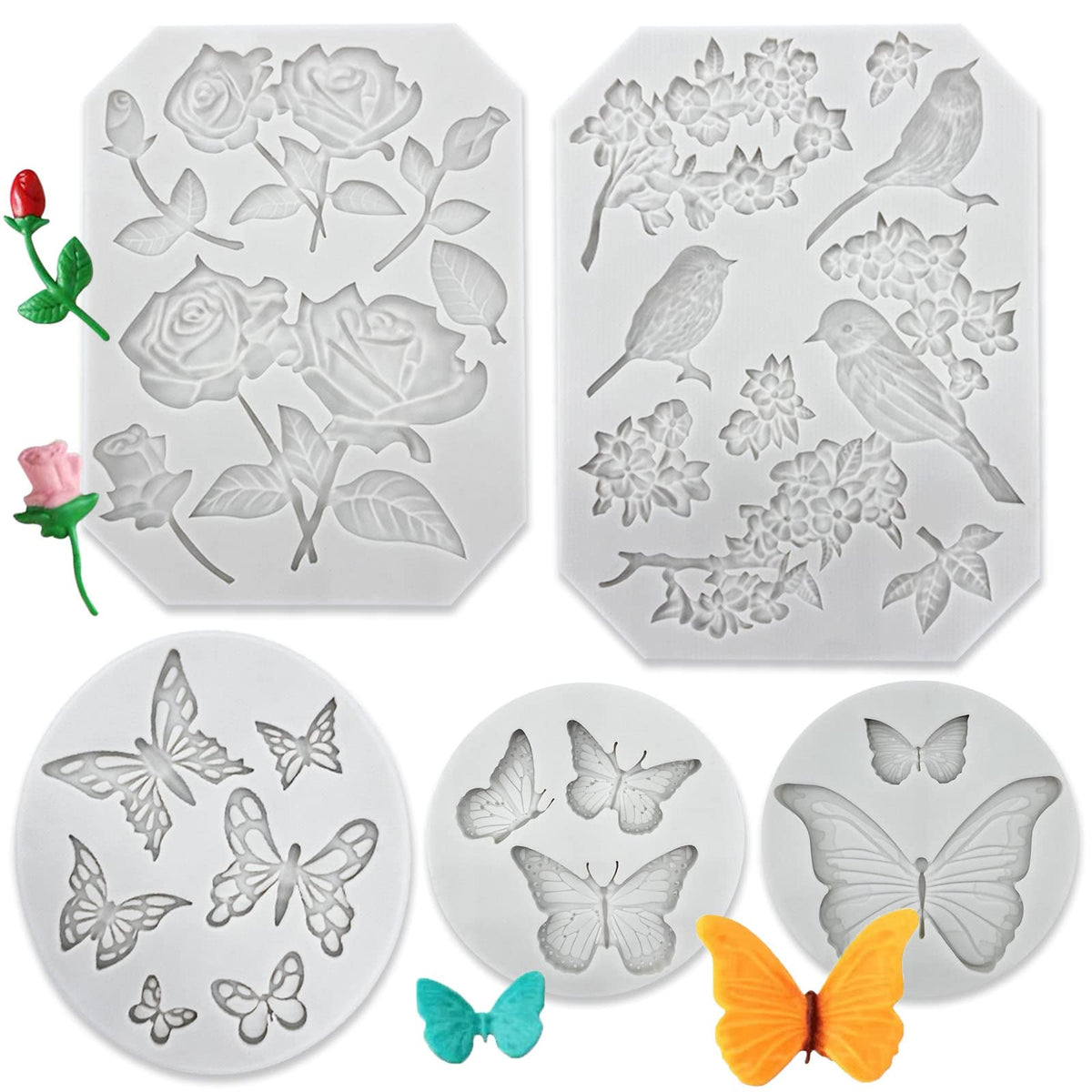 5 Pack Butterfly Rose Flower Stems Birds Blossoms Silicone Fondant Mold, For Making Chocolate Fondant Jelly Polymer Clay Soap Cr