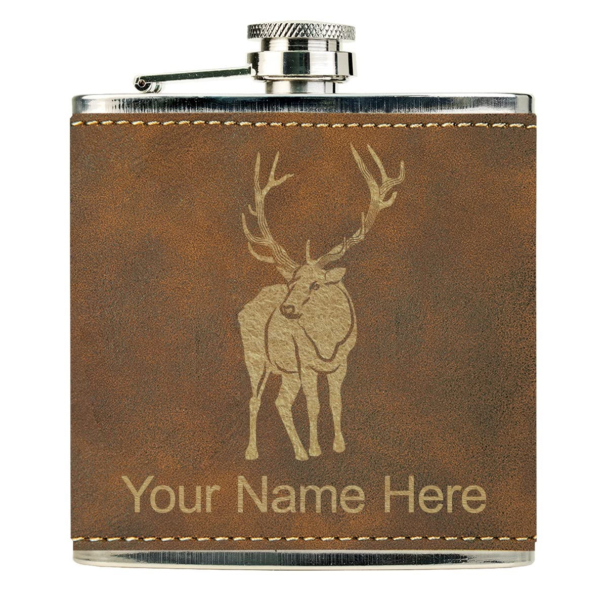 LaserGram Faux Leather Flask, Elk, Personalized Engraving Included (Rustic)