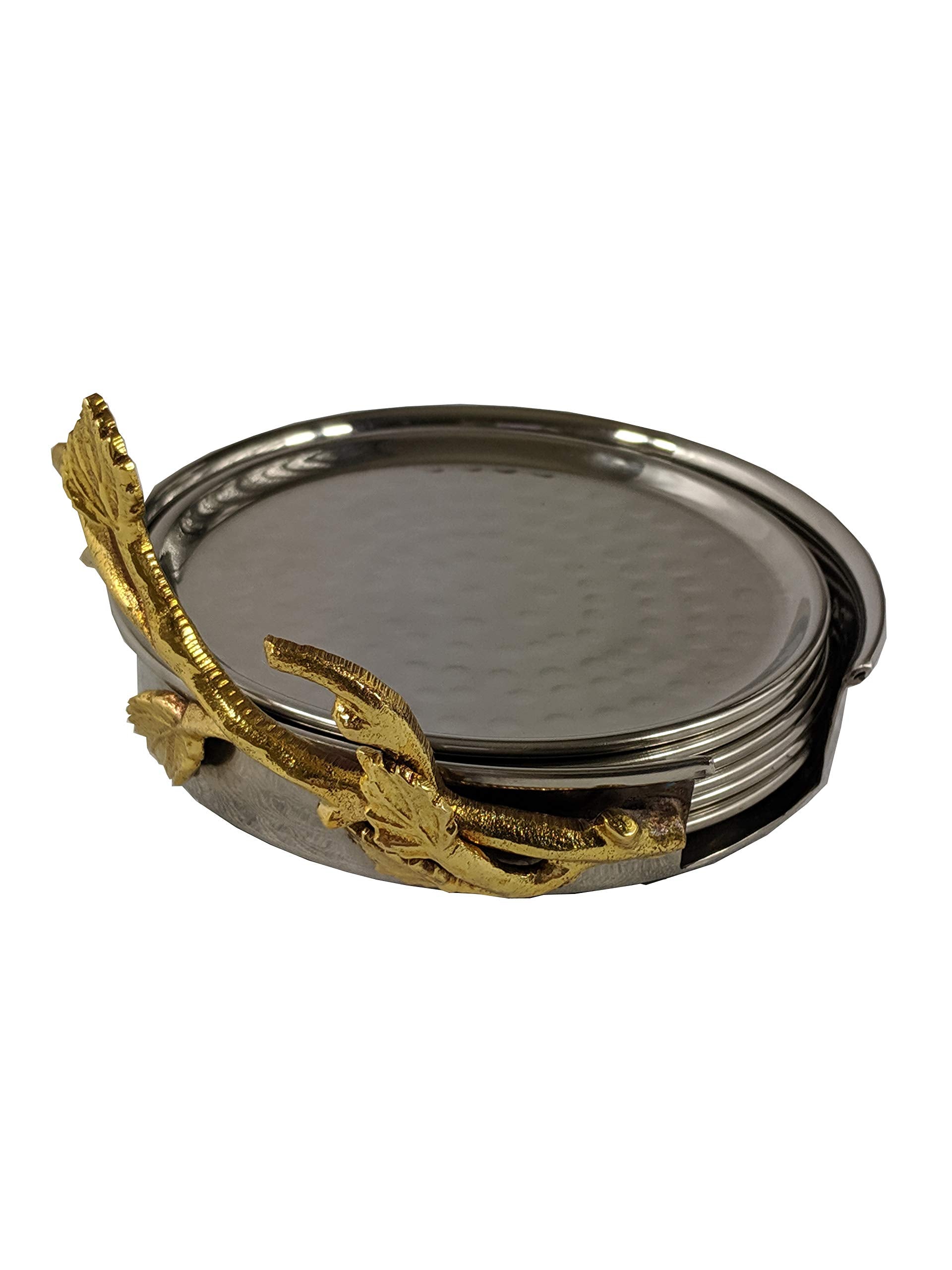 Elegance Golden Vine Hammered Coaster Set With Holder, 4'', Silver/Gold