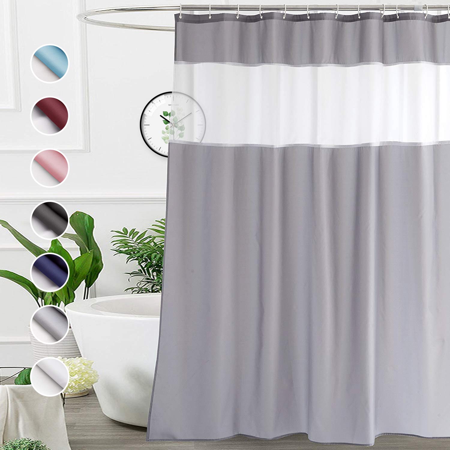Ufriday Extra Long Shower Curtain 84 Inch,Light Grey And White Fabric Polyester Bathroom Curtain Liner With Mesh Filtering Windo