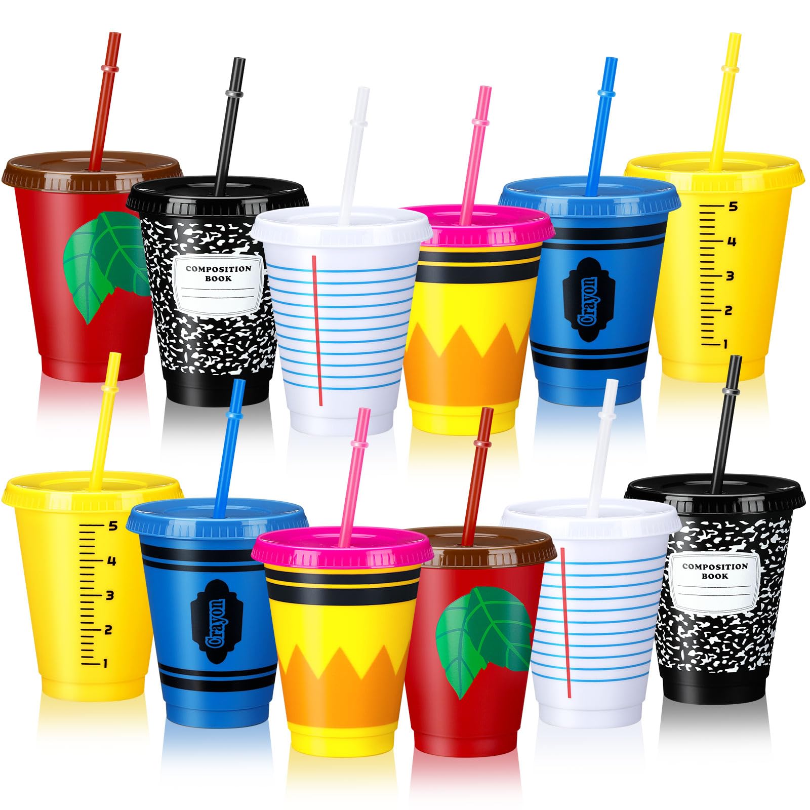 Rtteri 12 Pcs Back to School Reusable Plastic Coffee Cups in Bulk 16 oz Reusable Teacher Appreciation Cups Tumbler with Lids and