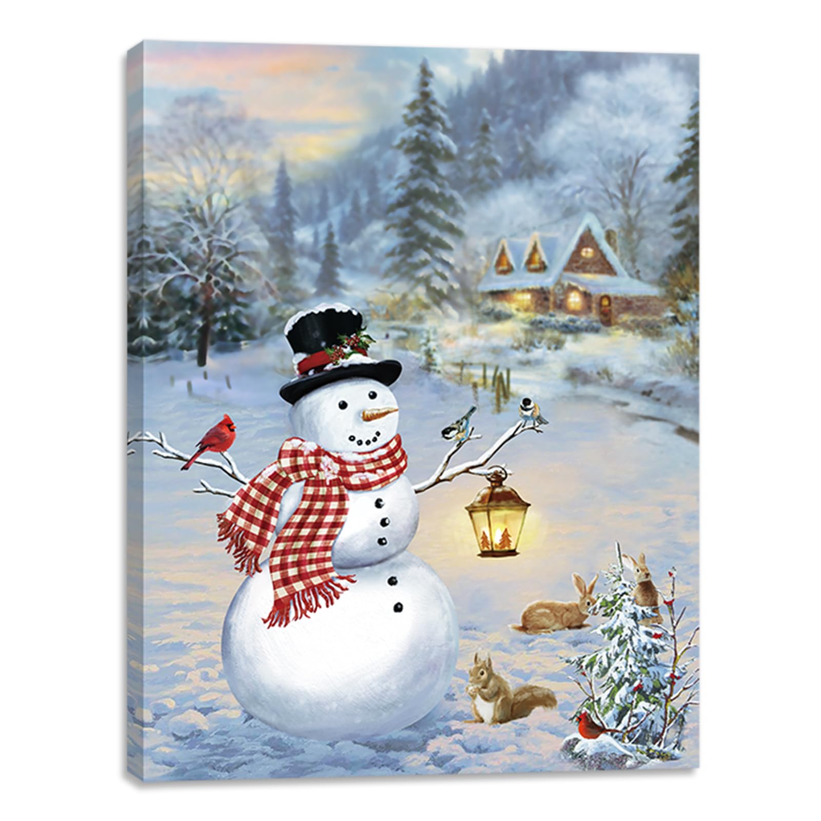 Alottagifts Forest Snowman Cardinal Lighted Canvas Wall Art Print 16'' X 12'' With Timer | Led Canvas Wall Art Print Design | Mo