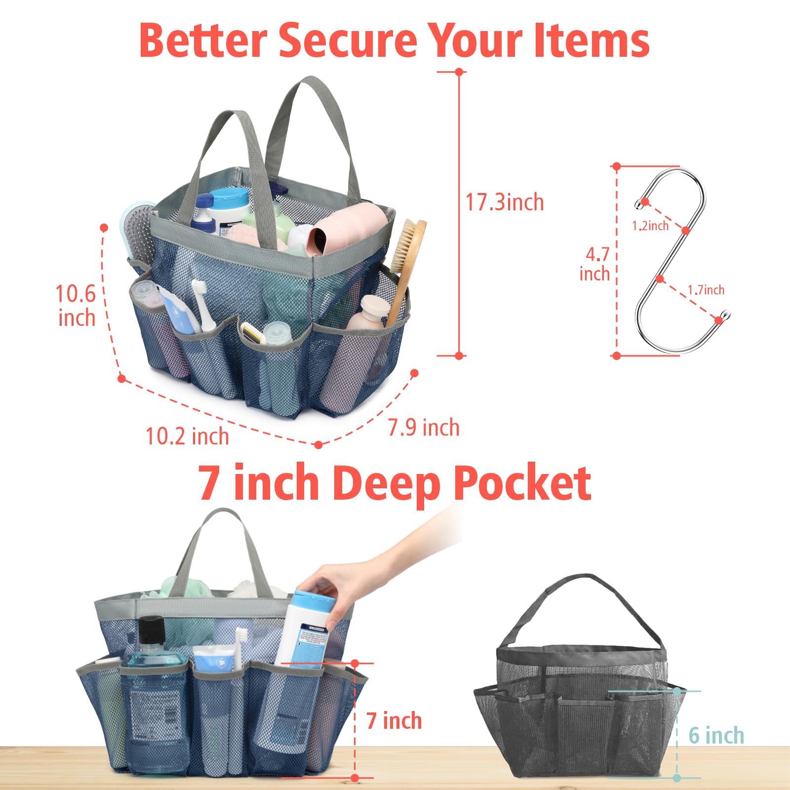 F-color Mesh Shower Caddy Portable  Upgrade Deeper 7 Pockets Shower Caddy Basket Tote for College Dorm Room Toiletry Bathroom Essentials Gym Camp Quick Dry 2 handles Shower Bag with S Hook  Navy Blue