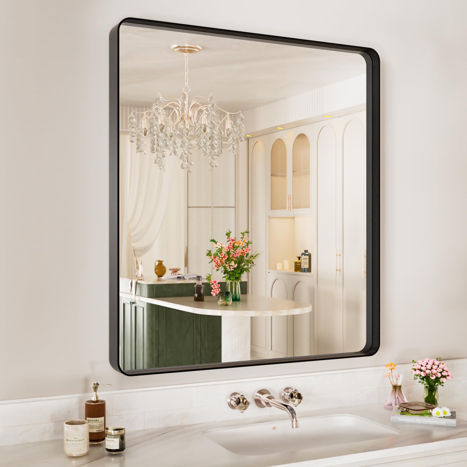 Istripmf Black Metal Framed Bathroom Mirror For Wall,32X36 Rounded Rectangle Mirror, Matte Black Bathroom Vanity Mirror Farmhous