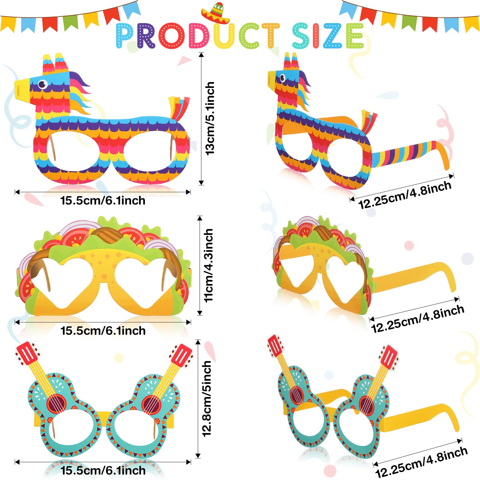 32 Pcs Mexican Fiesta Party Decorations Paper Eyeglasses Taco Party Cactus Pinata Cinco De Mayo Party Costume Photo Booth Props