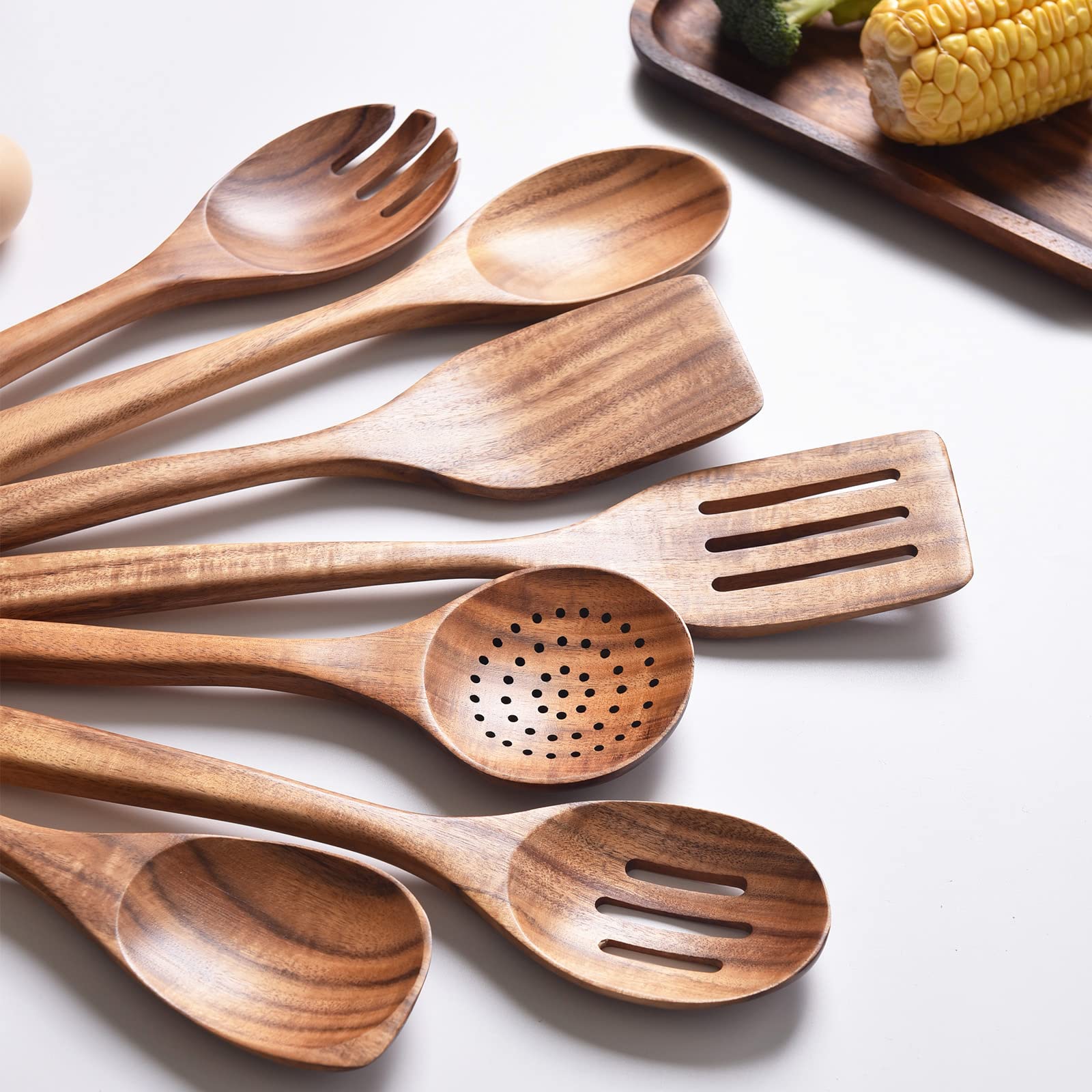 Gudamaye 13 Inch Long Wooden Utensils For Cooking, Long Handle Wooden Spoons For Cooking, 7 Pces Crafting Wooden Spoon Set, Wood