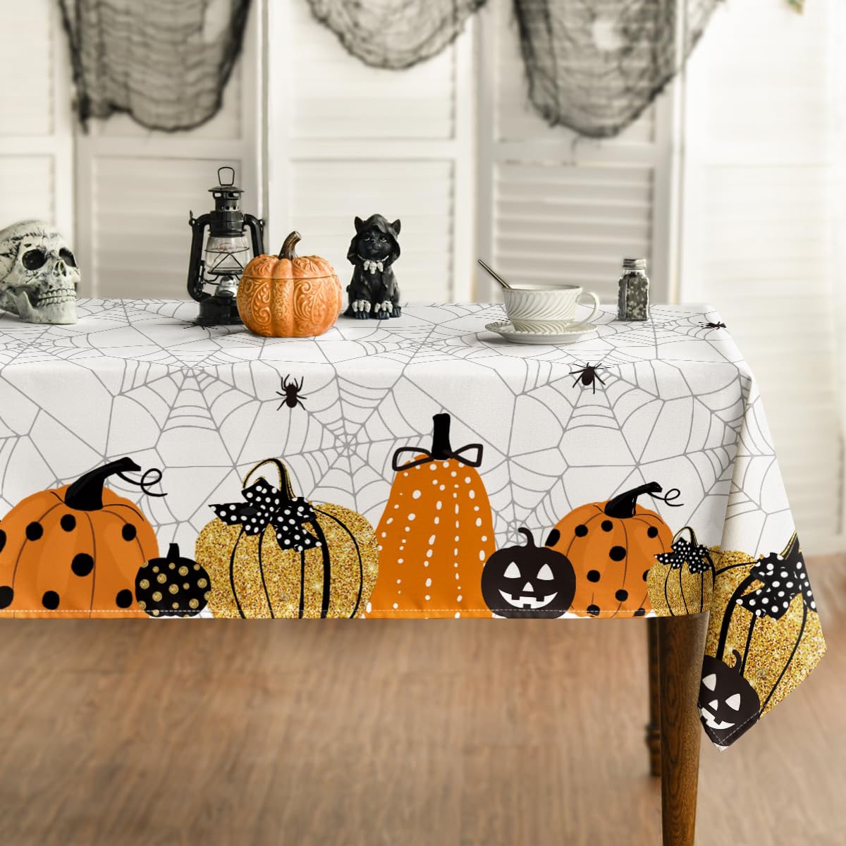Horaldaily Halloween Tablecloth 60X120 Inch Rectangular, Jack-O-Lantern Pumpkin Cobweb Scary Themed Washable Table Cover For Par