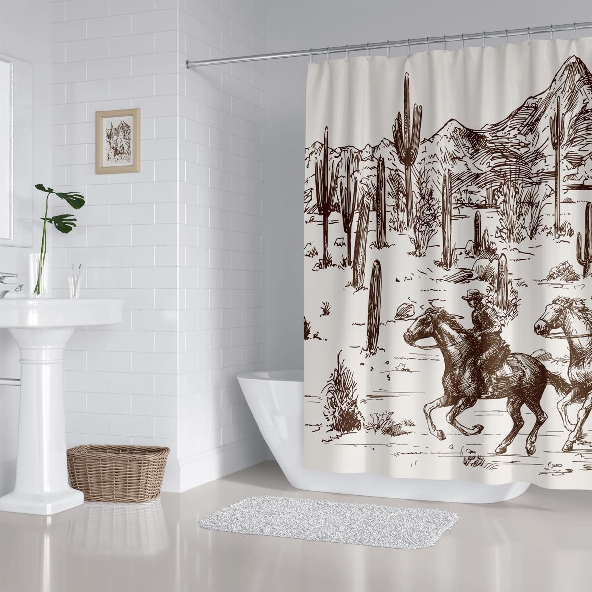 Zxmbf Western Cowboy Shower Curtain Cactus Farmhouse Country American Wild West Cowboy Riding Horse In Desert Hand Drawn Home Ba