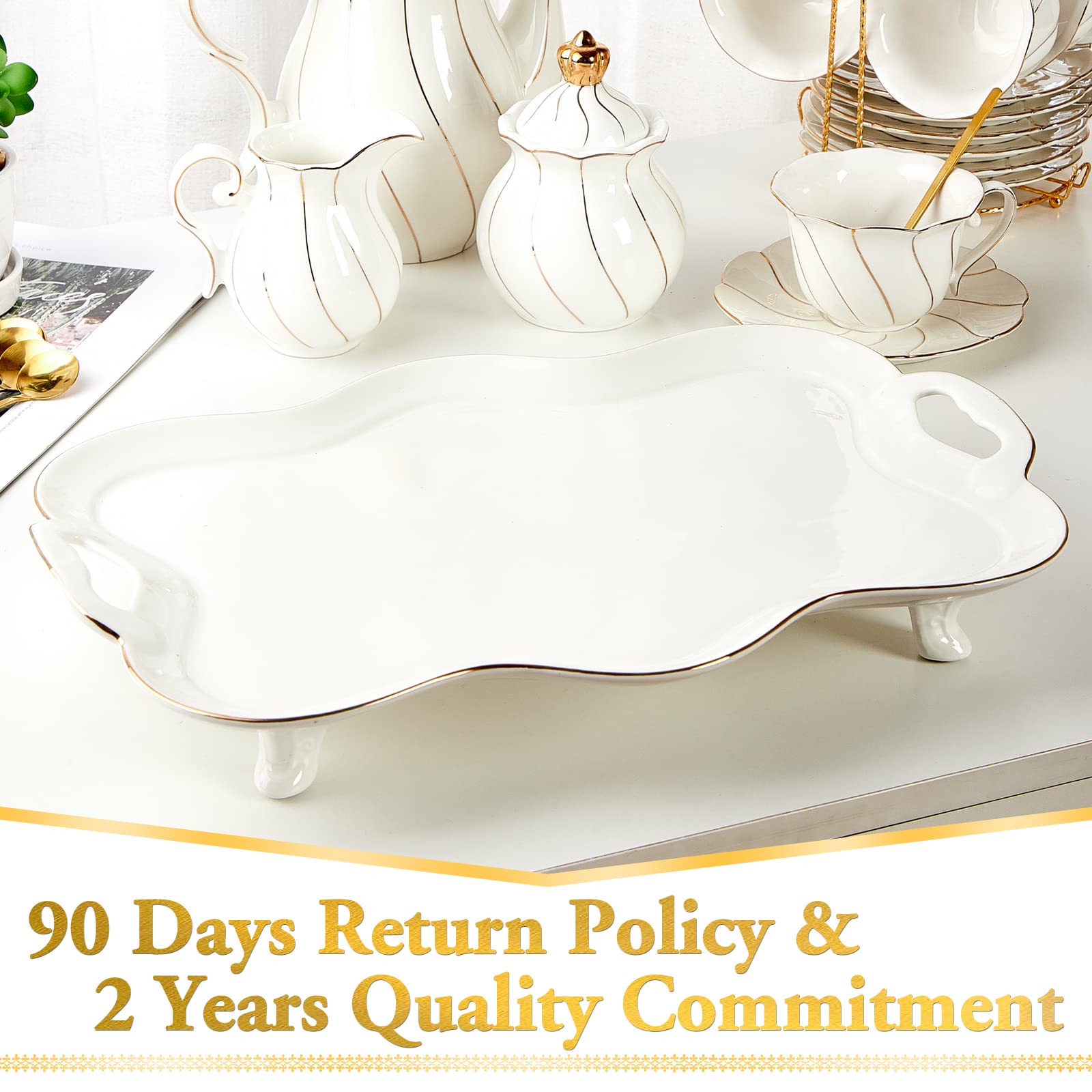 Dujust Porcelain Serving Tray With Handles, Luxury British Style Coffee Table Tray With Golden Rim, Beautiful Tea Tray Decor For