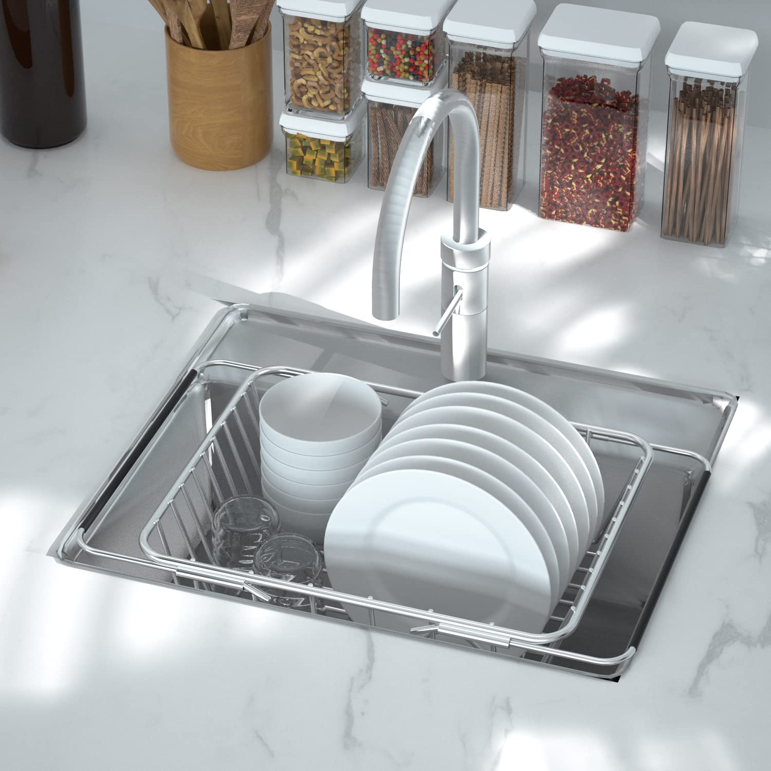 Jingways Stainless Steel Dish Rack,Expandable Deep & Large Dish Drying Rack, Over The Sink, In Sink Or On Counter Dish Drainer,