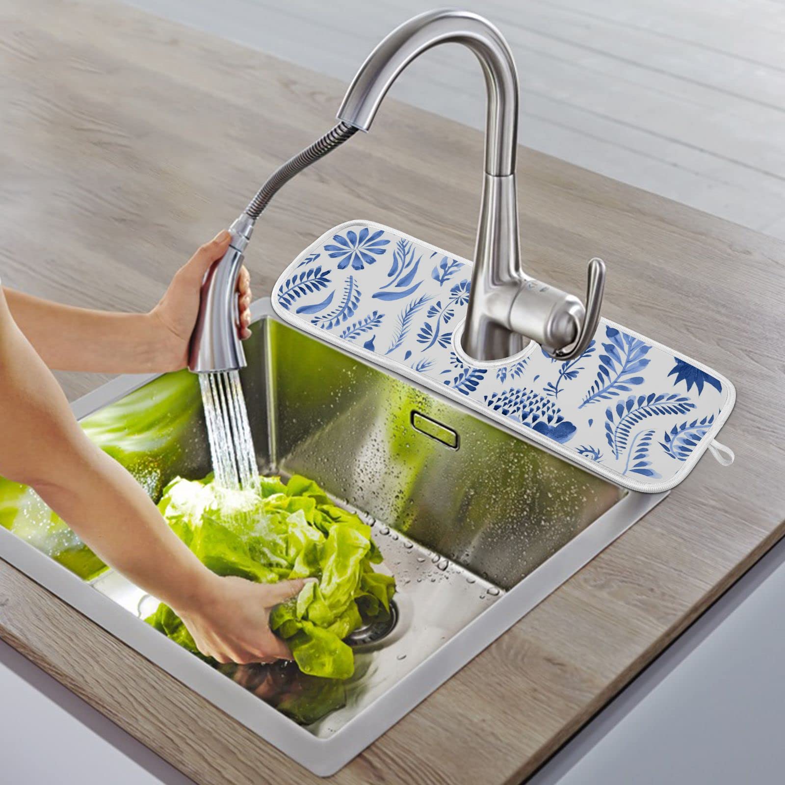 2 Pack Faucet Absorbent Mat, Susiyo Blue Watercolor Floral Kitchen Sink Splash Guard Behind Faucet - 14.9X5.5Inch