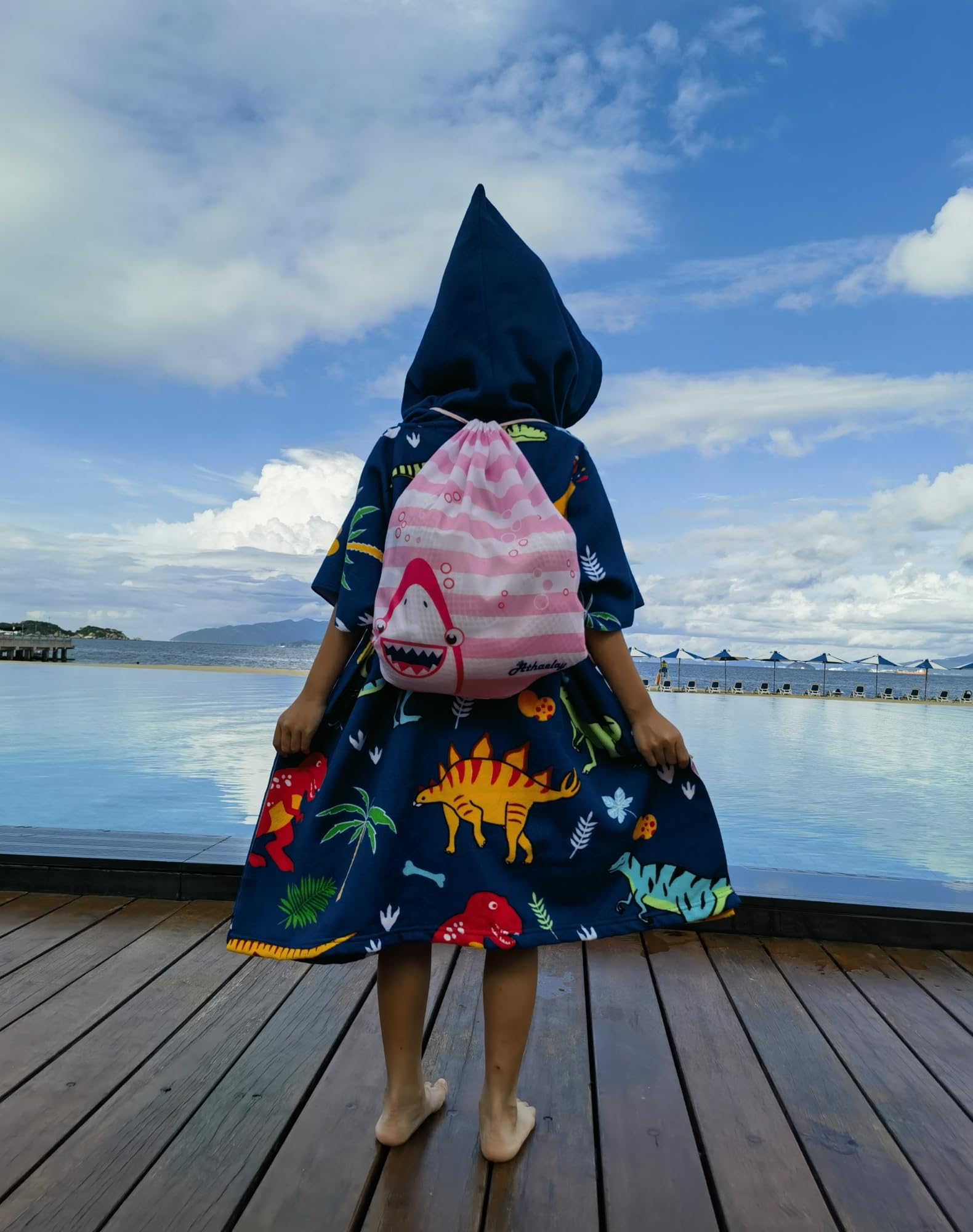 Athaelay Soft Swim Cover-Ups For 3 To 10 Years Old Kids Hooded Bath Beach Poncho Towels With Drawstring Bag (Dinos, Fits 3-10 Ye