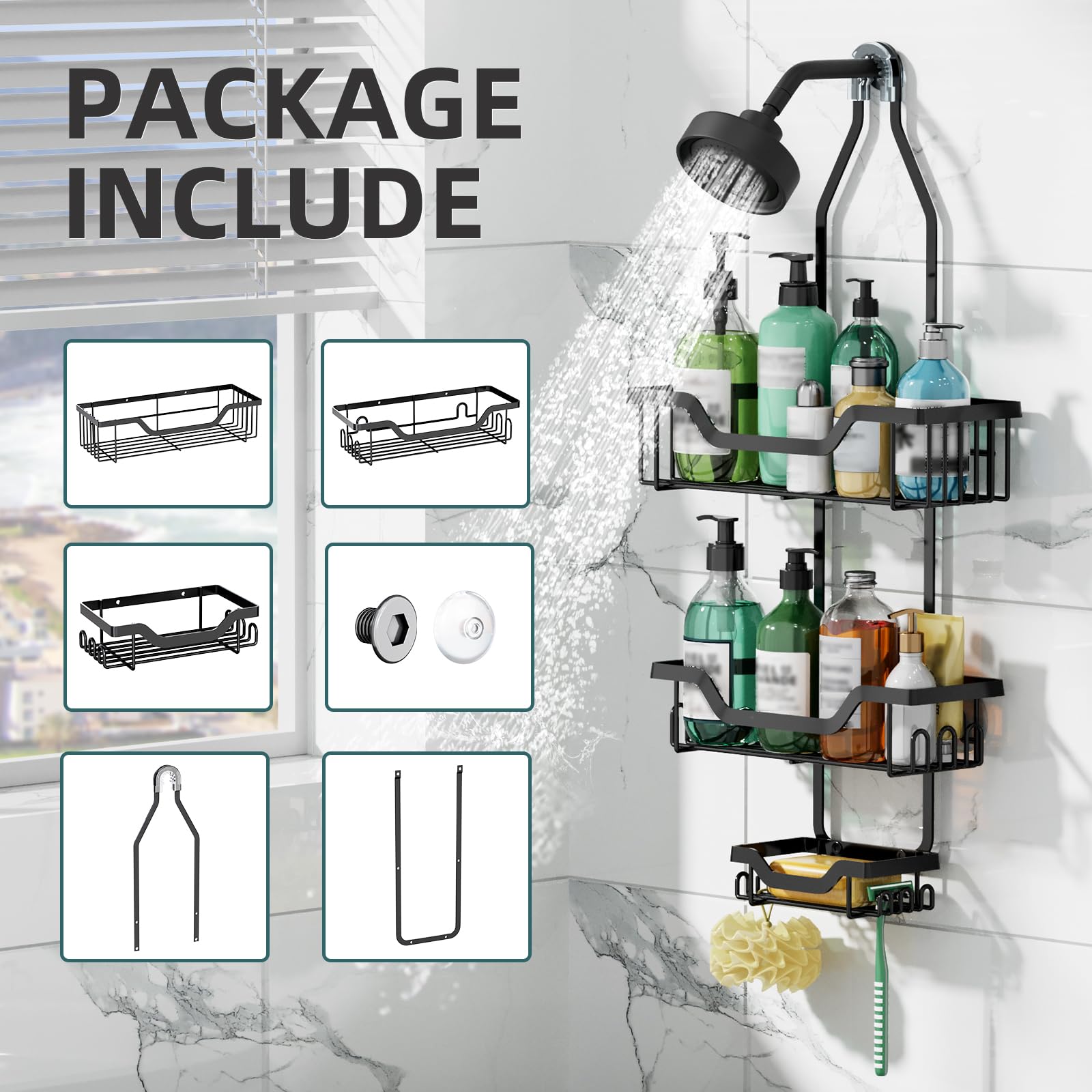 Gaokase Shower Caddy Hanging, Shower Caddy Over Shower Head Organizer Rust Proof Metal Large Bathroom Shower Organizer Hanging W