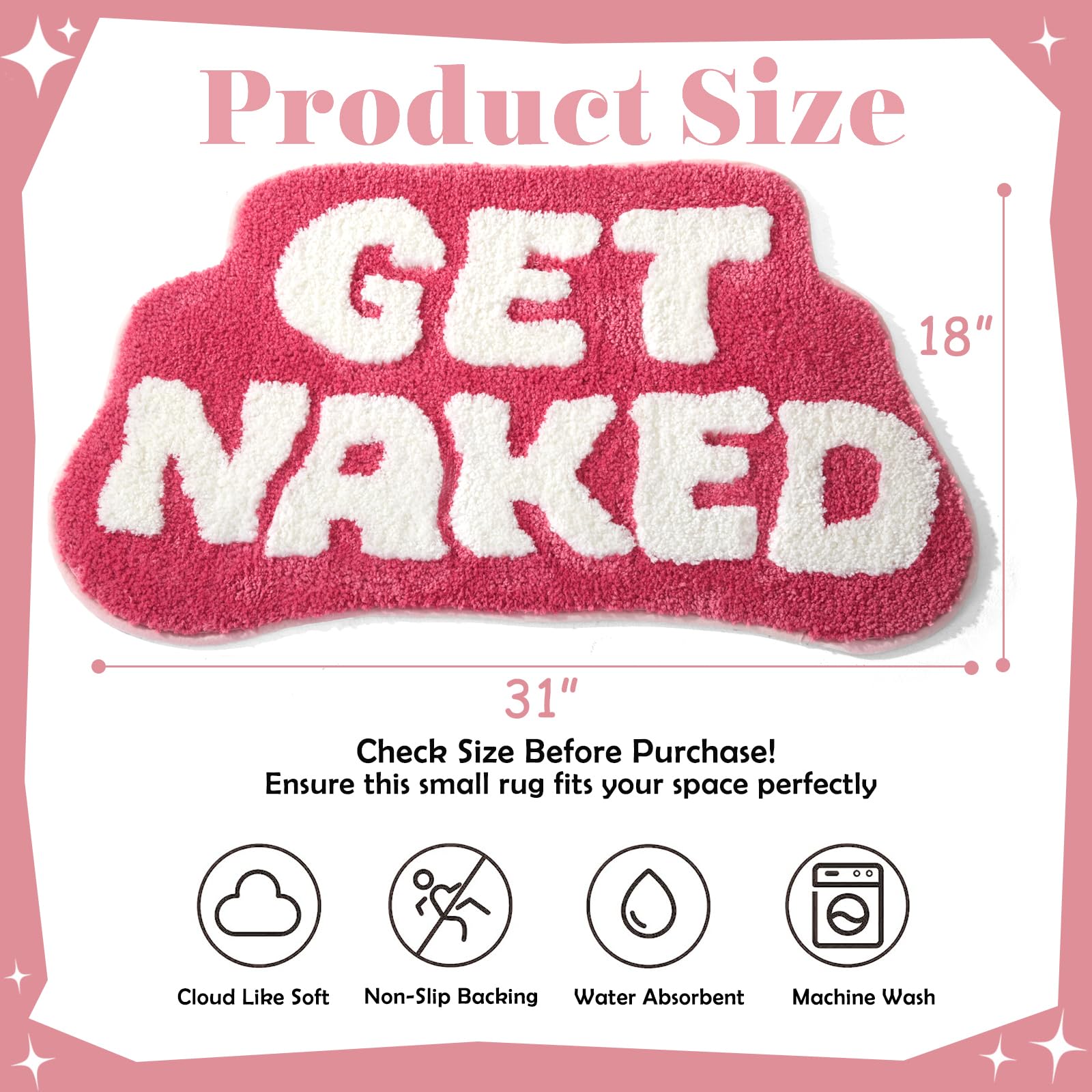 Dyefury Irregular Shaped Get Naked Bath Mat Hot Pink - Fun Bath Mat, Small Preppy Bathroom Decor, Funny Aesthetic Bathroom Rugs