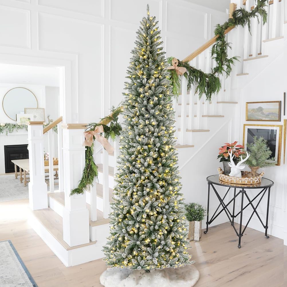 Glitzhome 11ft Prelit Artificial Christmas Tree, Snowy Splendor Fir Hinged Pencil Christmas Tree Holiday Decoration with 950 War