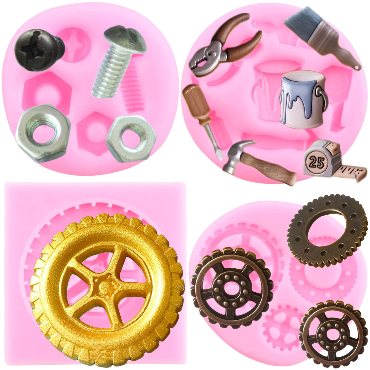 Mujiang Hand Tools Silicone Molds Construction Tools Fondant Mold Tire Gear Screw Nut Candy Mold For Cake Decorating Cupcake Top