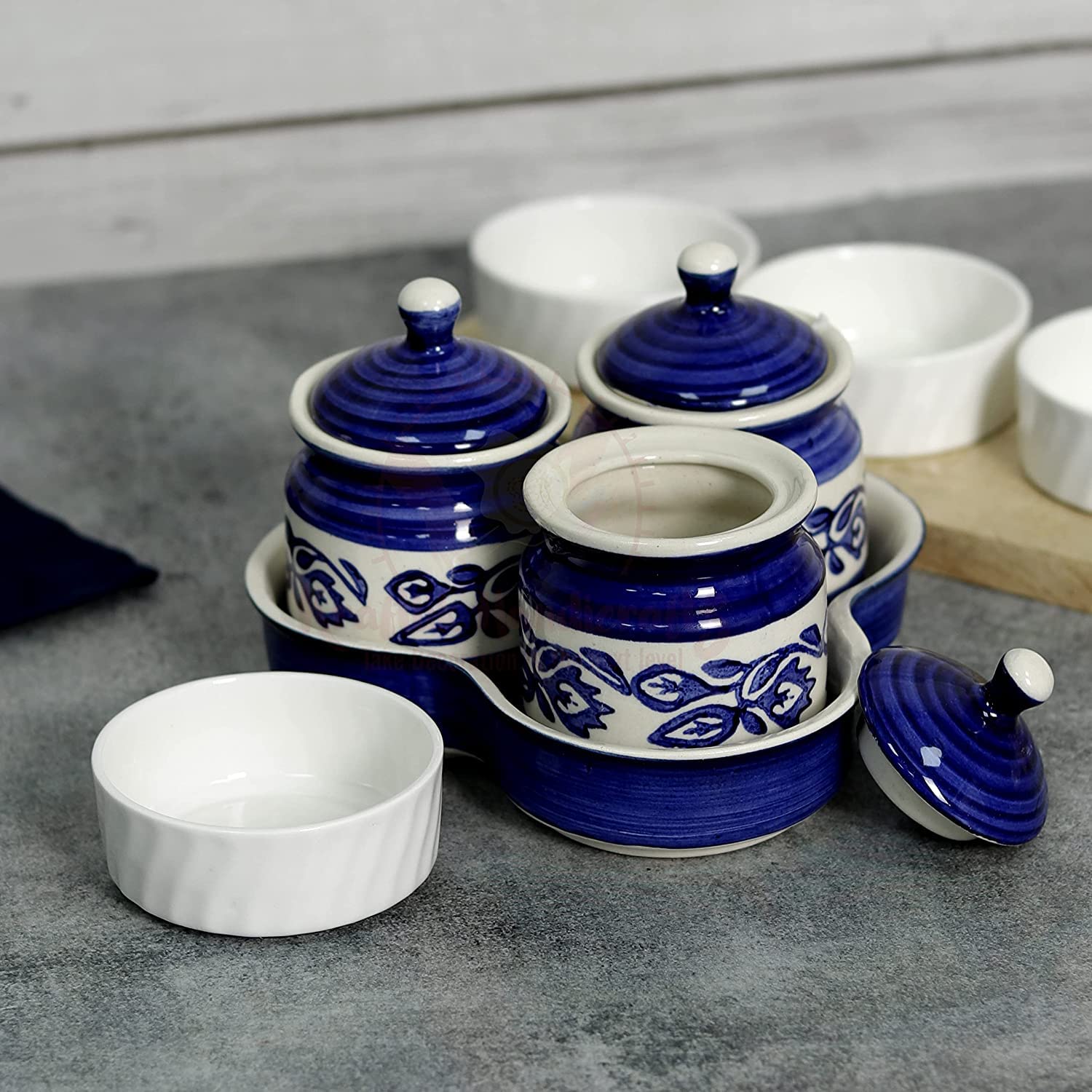 Kreative Homes Ceramic Jars With Lid And Holding Tray | Multipurpose Barni For Chutney | Pickle Jar | Storage Container | Dining