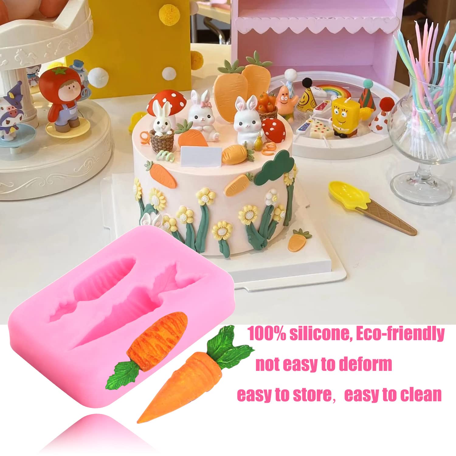 Zixiang Easter Fondant Molds Rabbit Silicone Molds Carrot Chocolate Mold Bunny Flower Candy Mold For Cake Decorating Cupcake Top