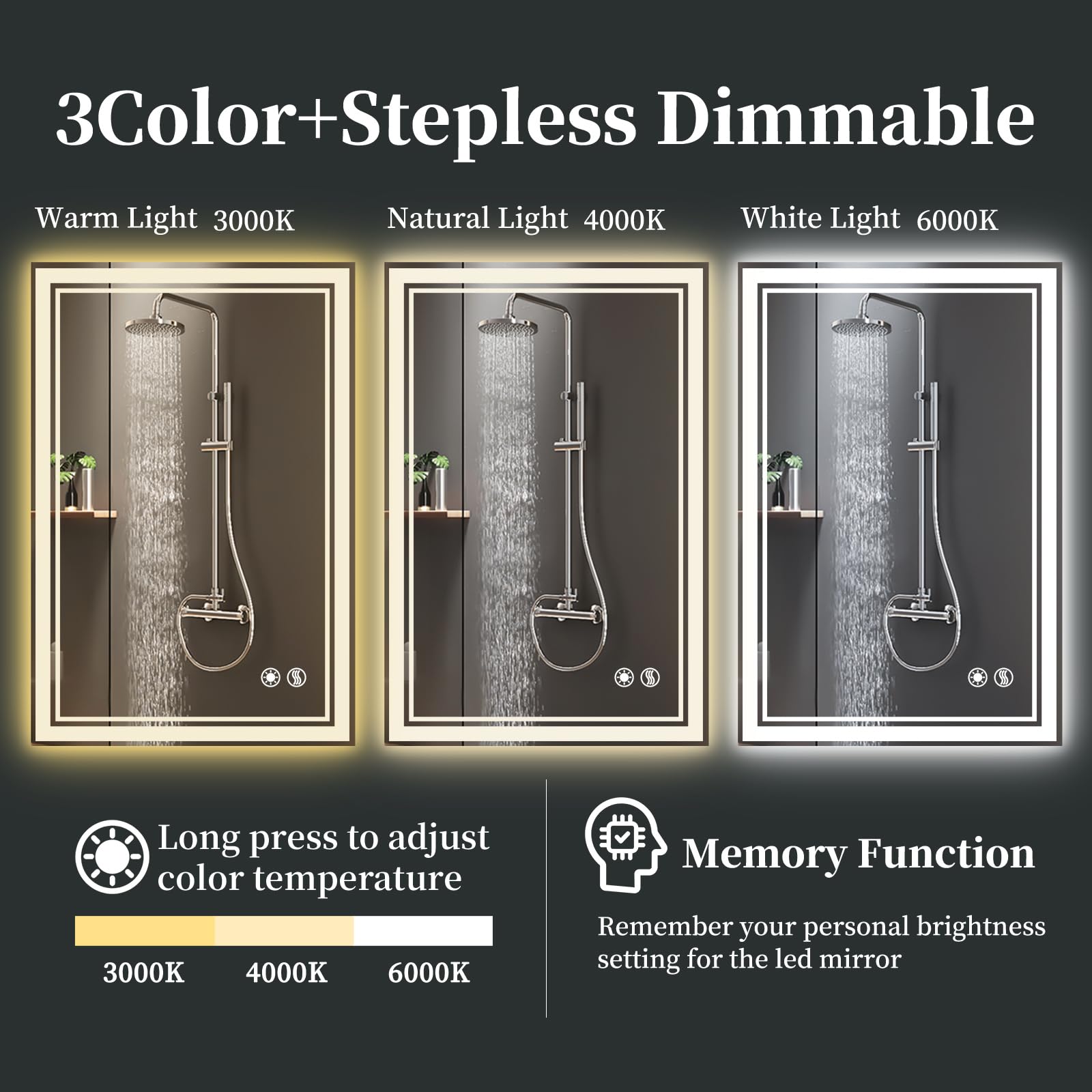 Wuenlux 24 X 32 Led Bathroom Mirror Wiht Lights Anti-Fog Brightness Dimmable 3 Colors Stepless Bathroom Vanity Mirror Wall Mount
