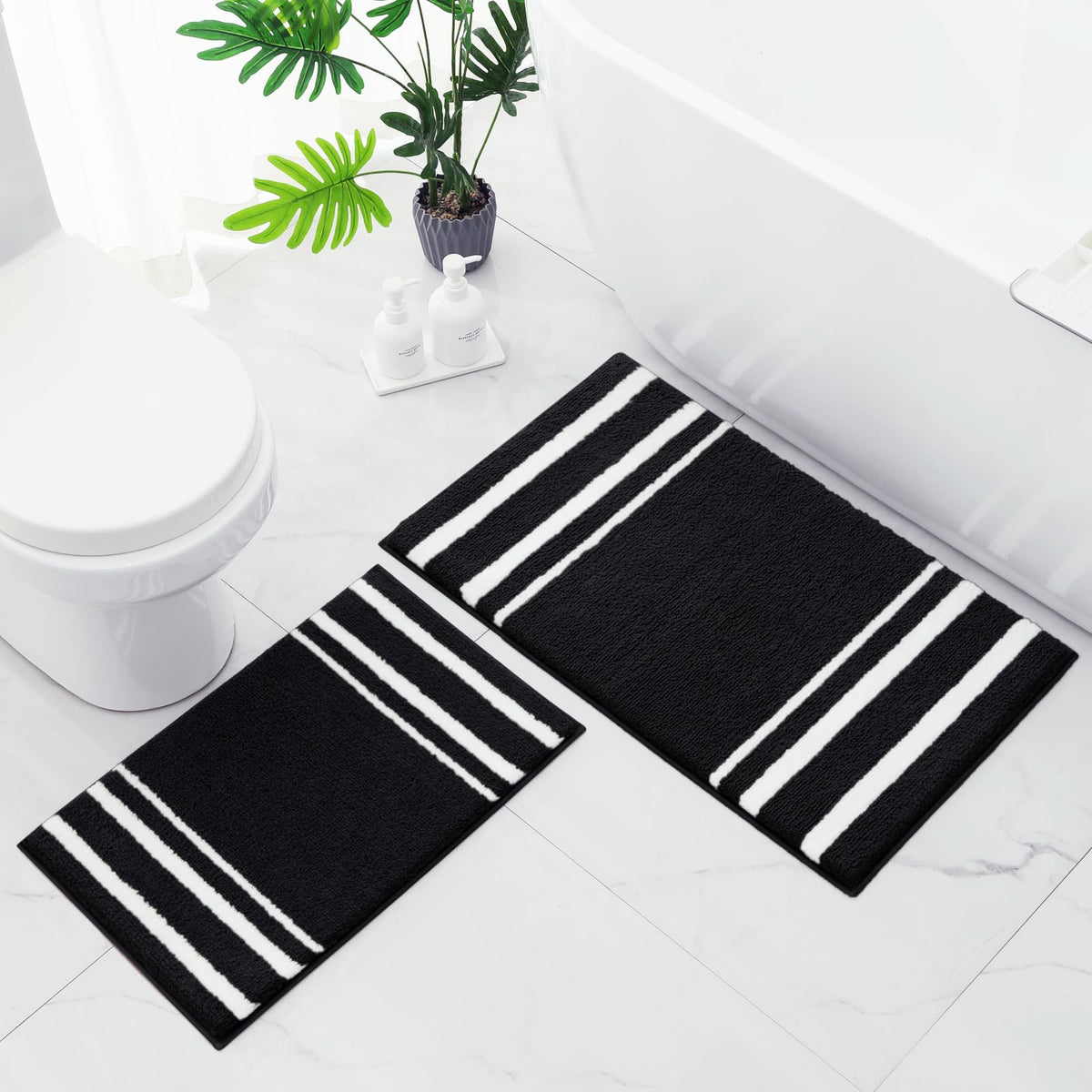Homeideas Bathroom Rug Set 2 Piece, Striped Super Absorbent Soft Microfiber Non-Slip Washable Bath Mats For Shower And Tub (Blac