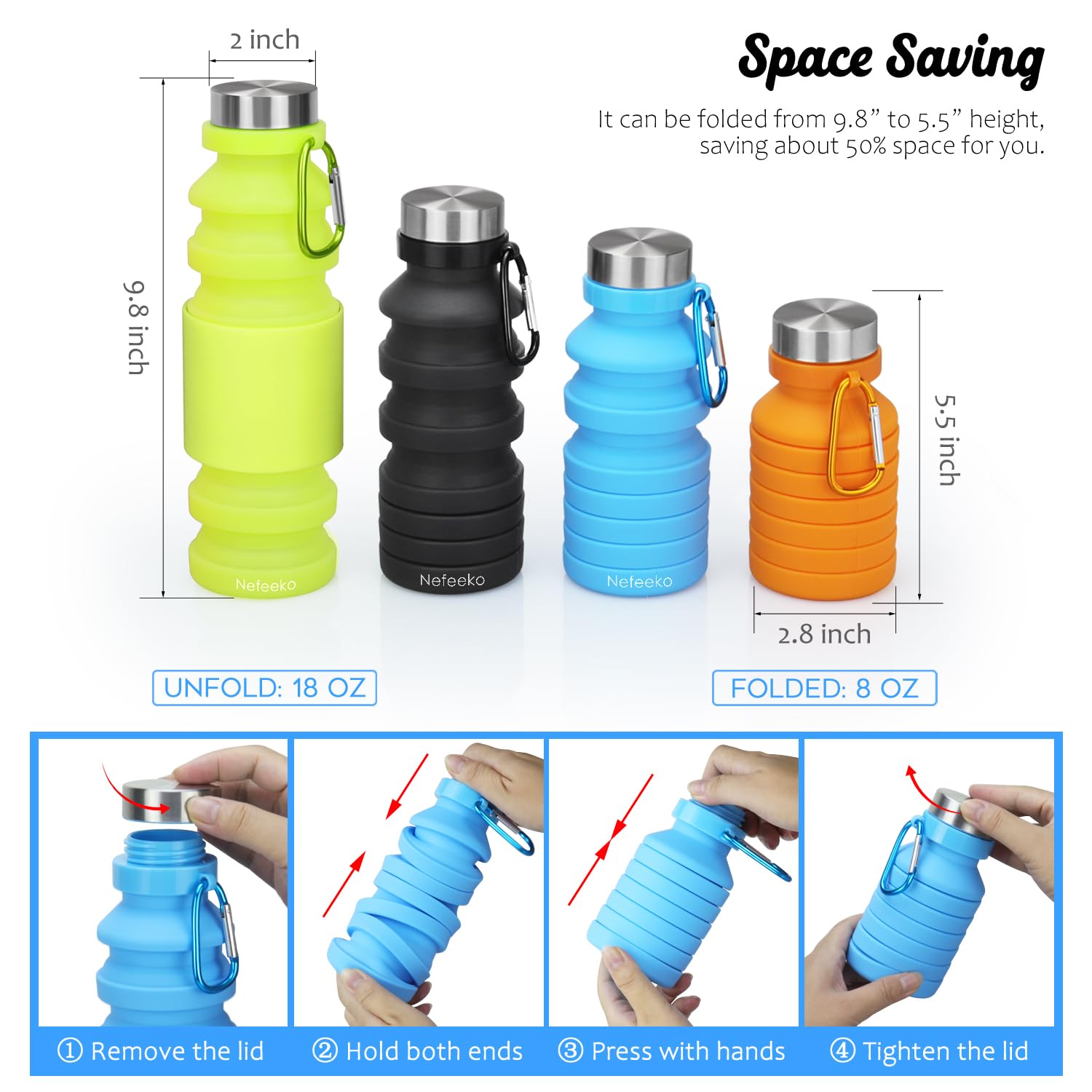 Nefeeko Collapsible Water Bottle, 18Floz Reuseable Bpa Free Silicone Foldable Water Bottles For Travel Gym Camping Hiking, Porta