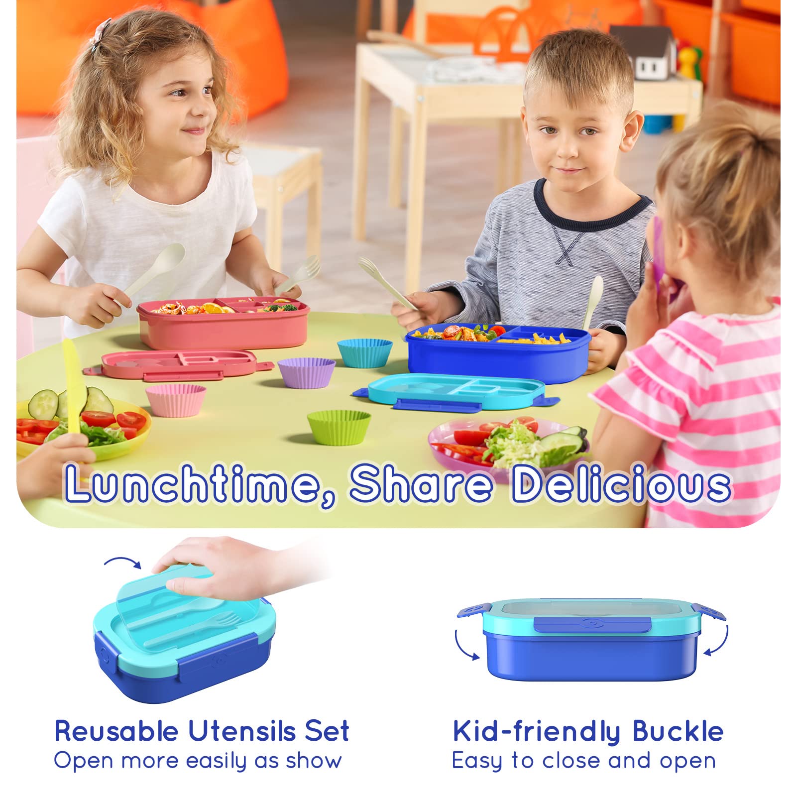 Time4Deals Kids Bento Lunch Box Leakproof Lunch Box With 4 Compartments Lunch Containers With Tableware Kids Bento School Lunch