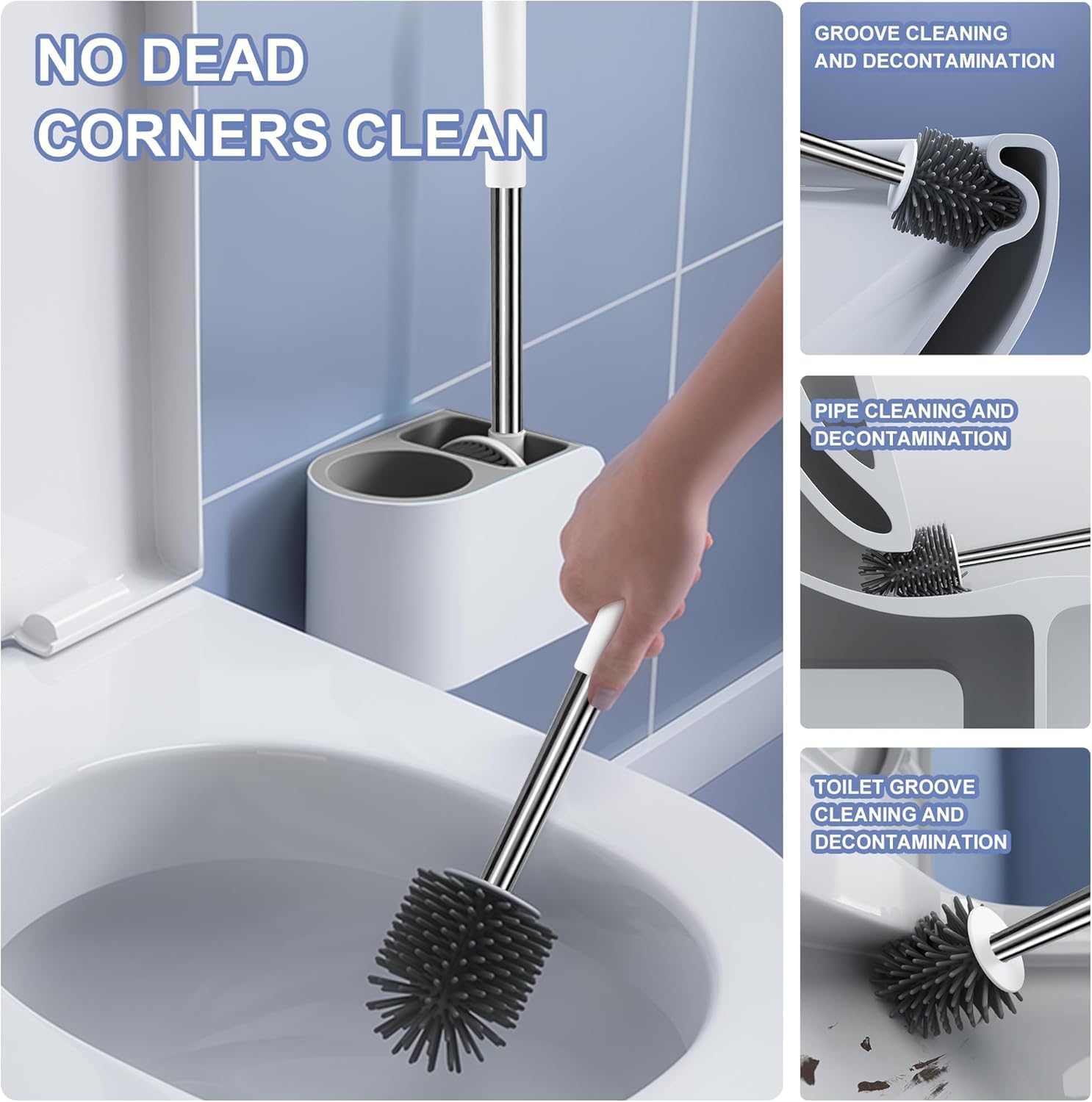 Noridy Silicone Toilet Brush With Holder Set - Free Stand Sleek Cleaner With Ventilated Drying Stand And Adhesive Wall Mounted C