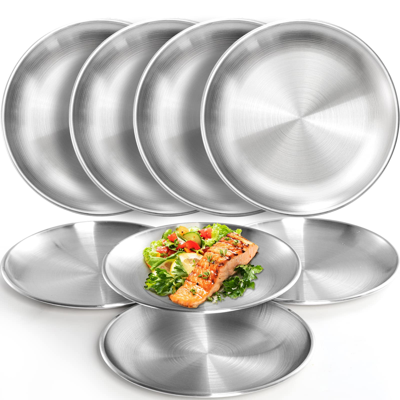 Fasmov 8 Pack 8 Inches 18/8 Stainless Steel Plates, Metal 304 Dinner Dishes Serving Camping Plates For Picnic Outdoor Camping, R