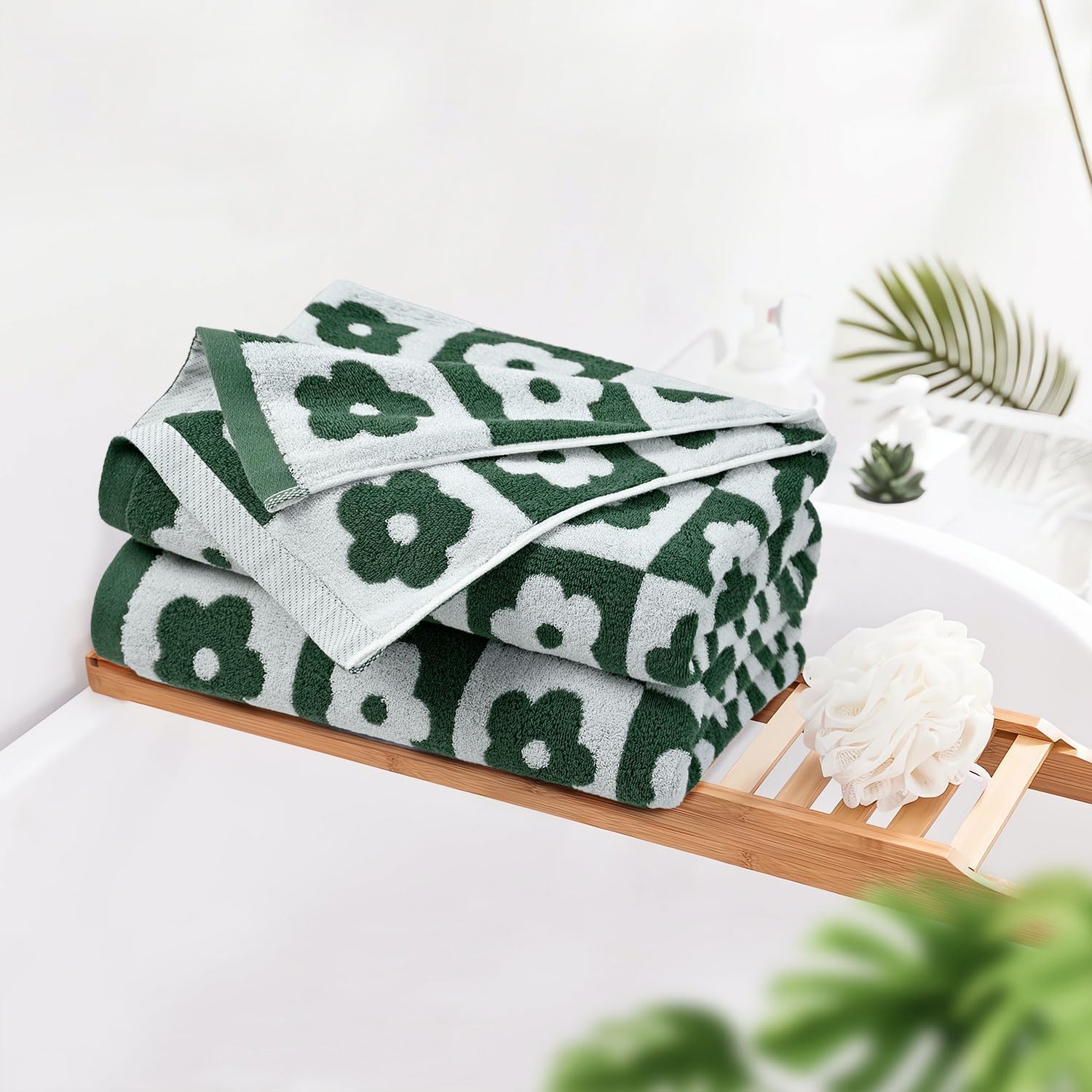 Jacquotha Bath Towels Set Of 2 Checkered Floral - Quick Dry Cotton Towels Decorative In Forest Green & White, Bathroom Essential
