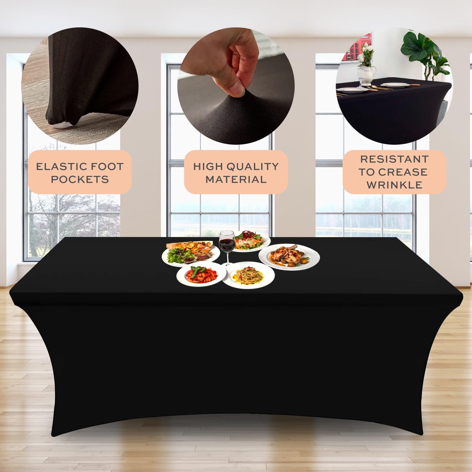 Black Spandex Table Covers 6Ft, 2 Pack - Elegant, Durable, Stretchy 6Ft Table Cover Fitted, Wrinkle And Stain Resistant, Elastic
