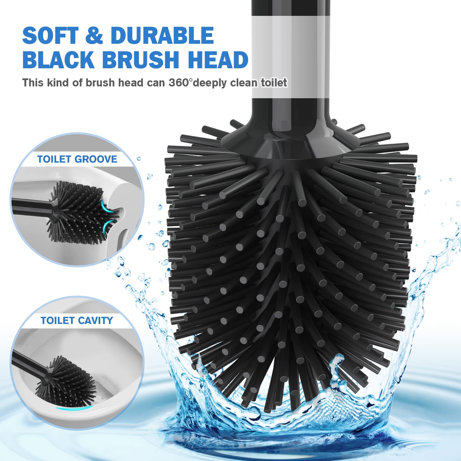Toilet Plunger and Brush  Silicone Toilet Brush and Heavy Duty Toilet Plunger Set with Ventilated Holder  2-in-1 Bathroom Cleaning Combo with Caddy Stand (Black)